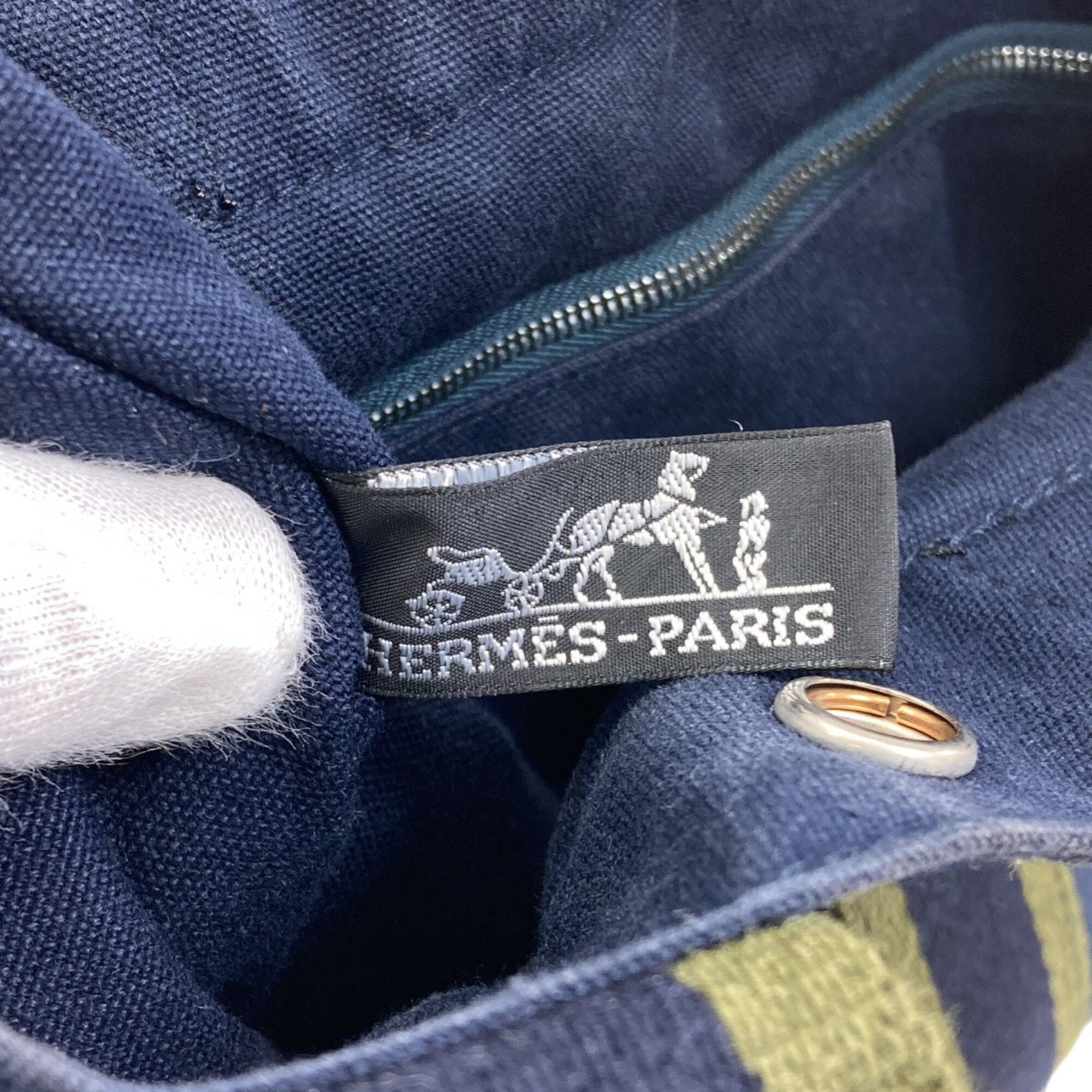 Hermes Green Navy Canvas Handbag (Pre-Owned)