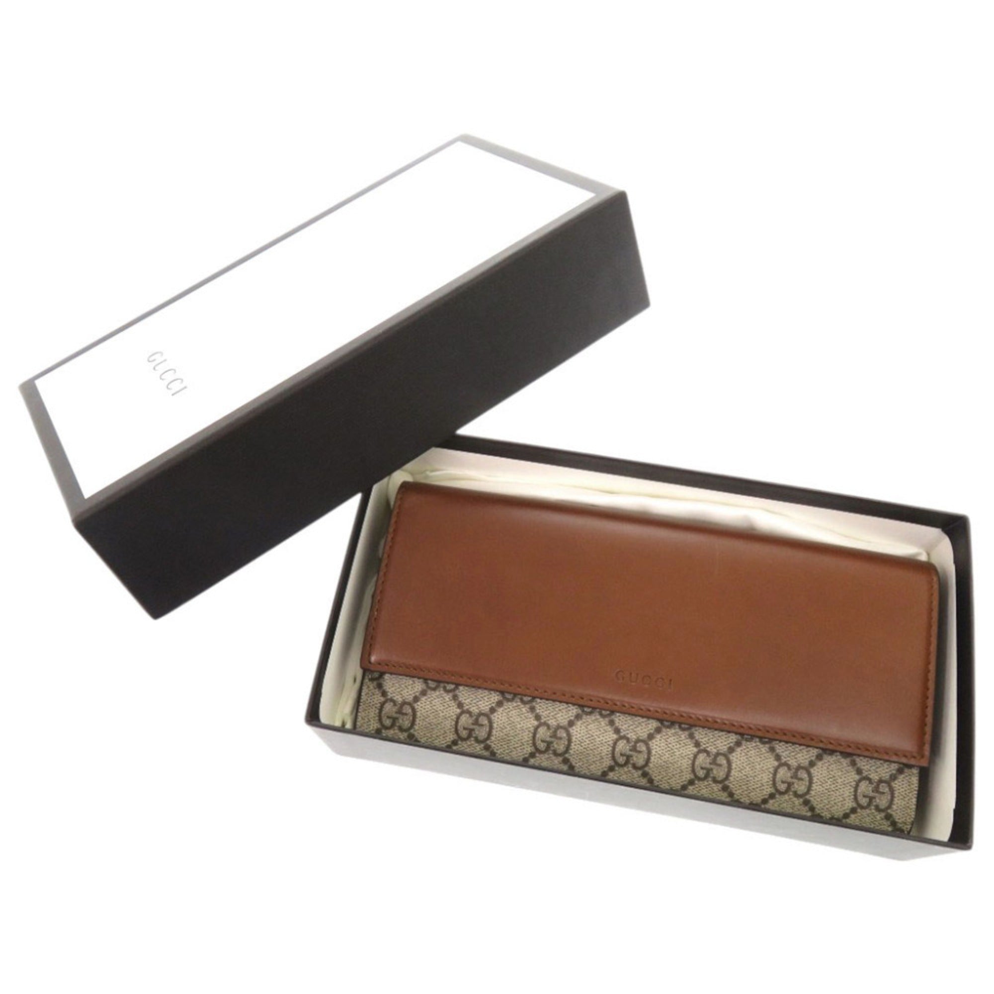 Gucci Beige Brown Gg Supreme Leather Long Wallet (Bi-Fold) (Pre-Owned)