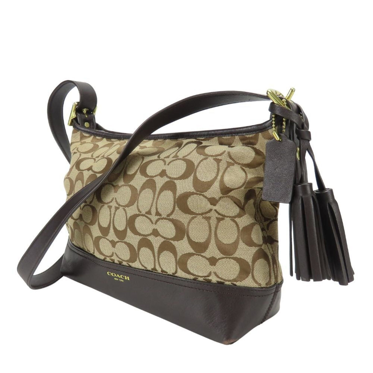 Coach Signature Beige Dark Brown Canvas Leather Shoulder Bag (Pre-Owned)