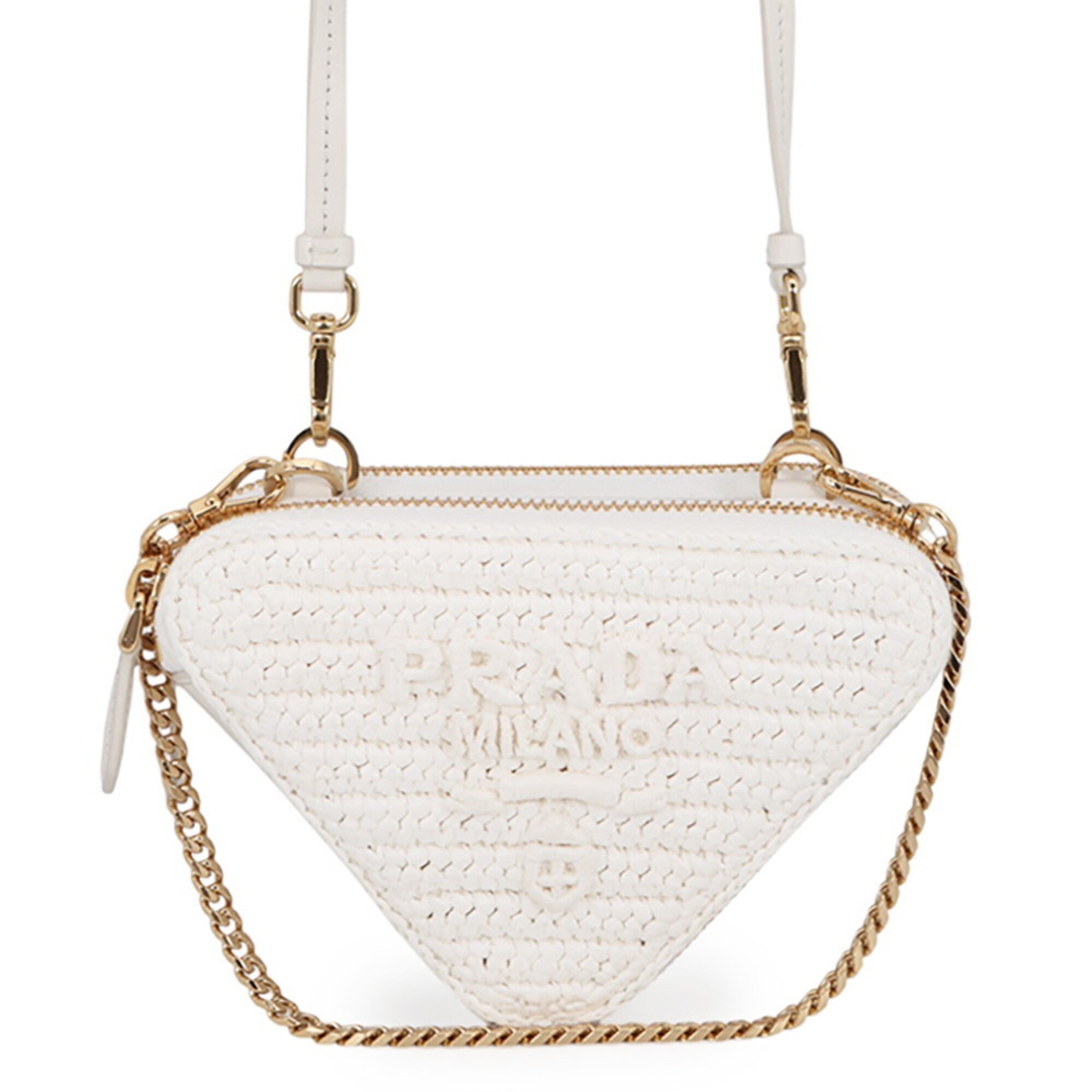 Prada White Leather Raffia Handbag Pouch Shoulder Bag (Pre-Owned)
