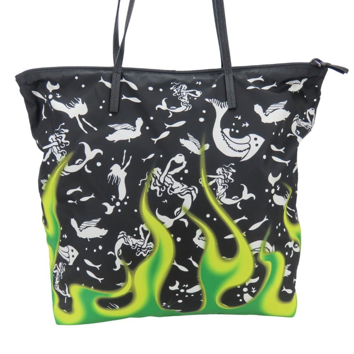 Prada Black Green Nylon Leather Tote Bag (Pre-Owned)