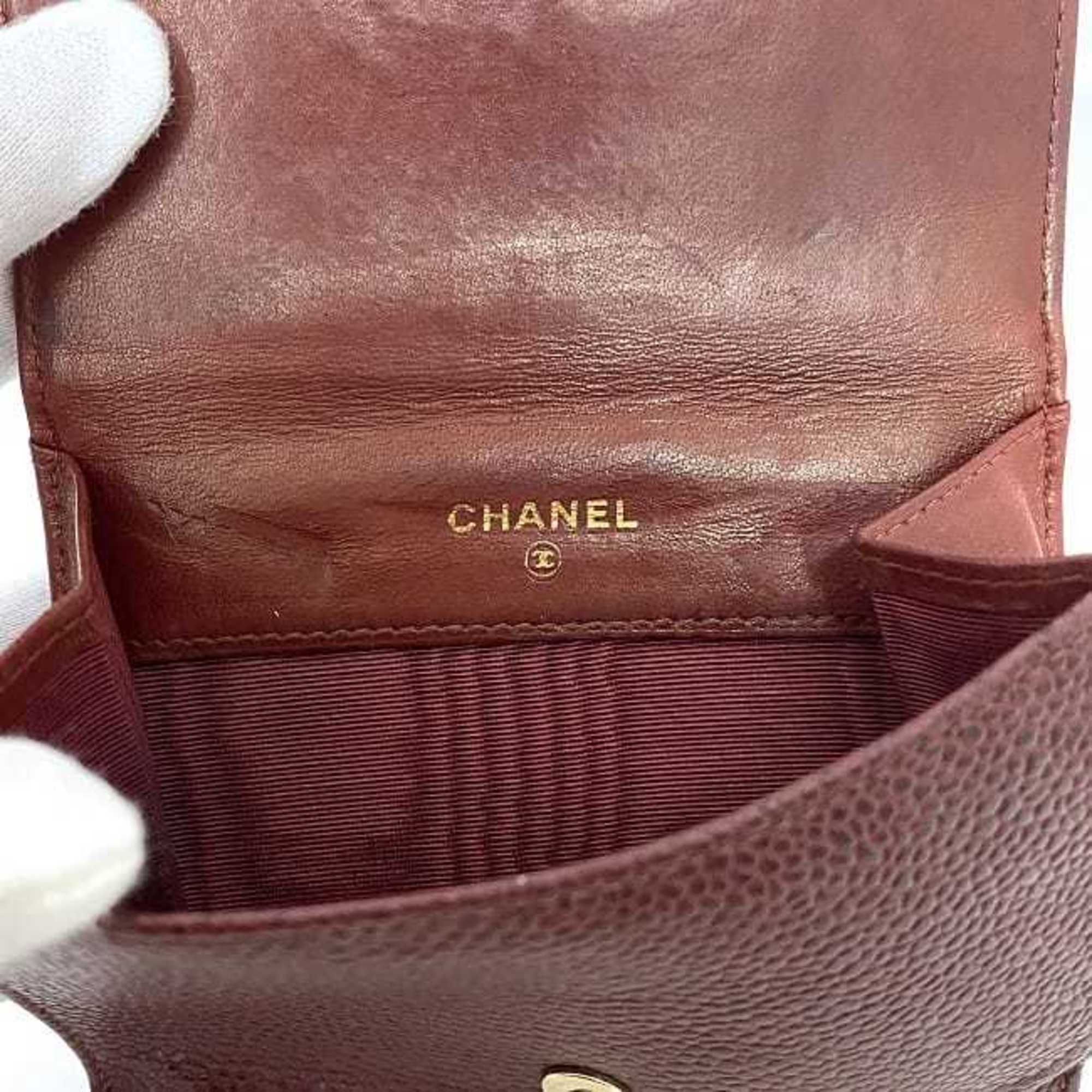 Chanel Red Color Grained Calfskin Leather Wallet (Bi-Fold) (Pre-Owned)