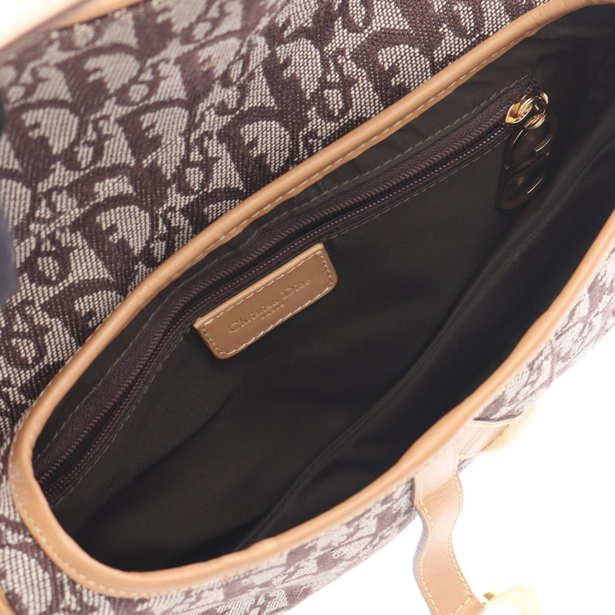 Christian Dior Trotter Beige Brown Canvas Leather Handbag Saddle Bag (Pre-Owned)
