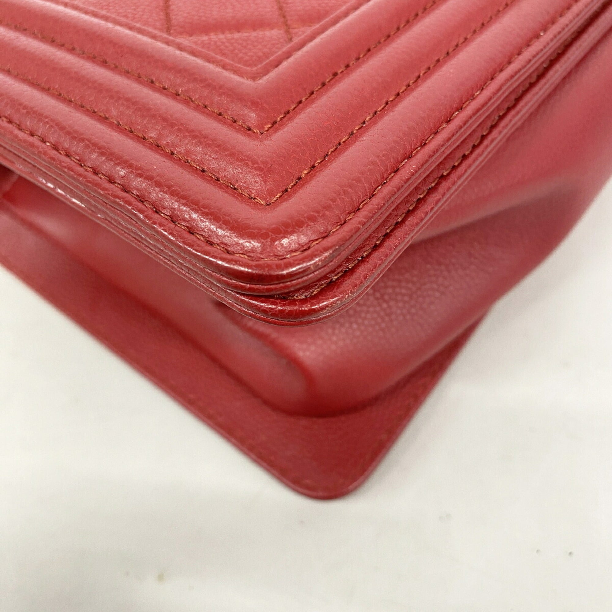 Chanel Red Color Grained Calfskin Shoulder Bag (Pre-Owned)