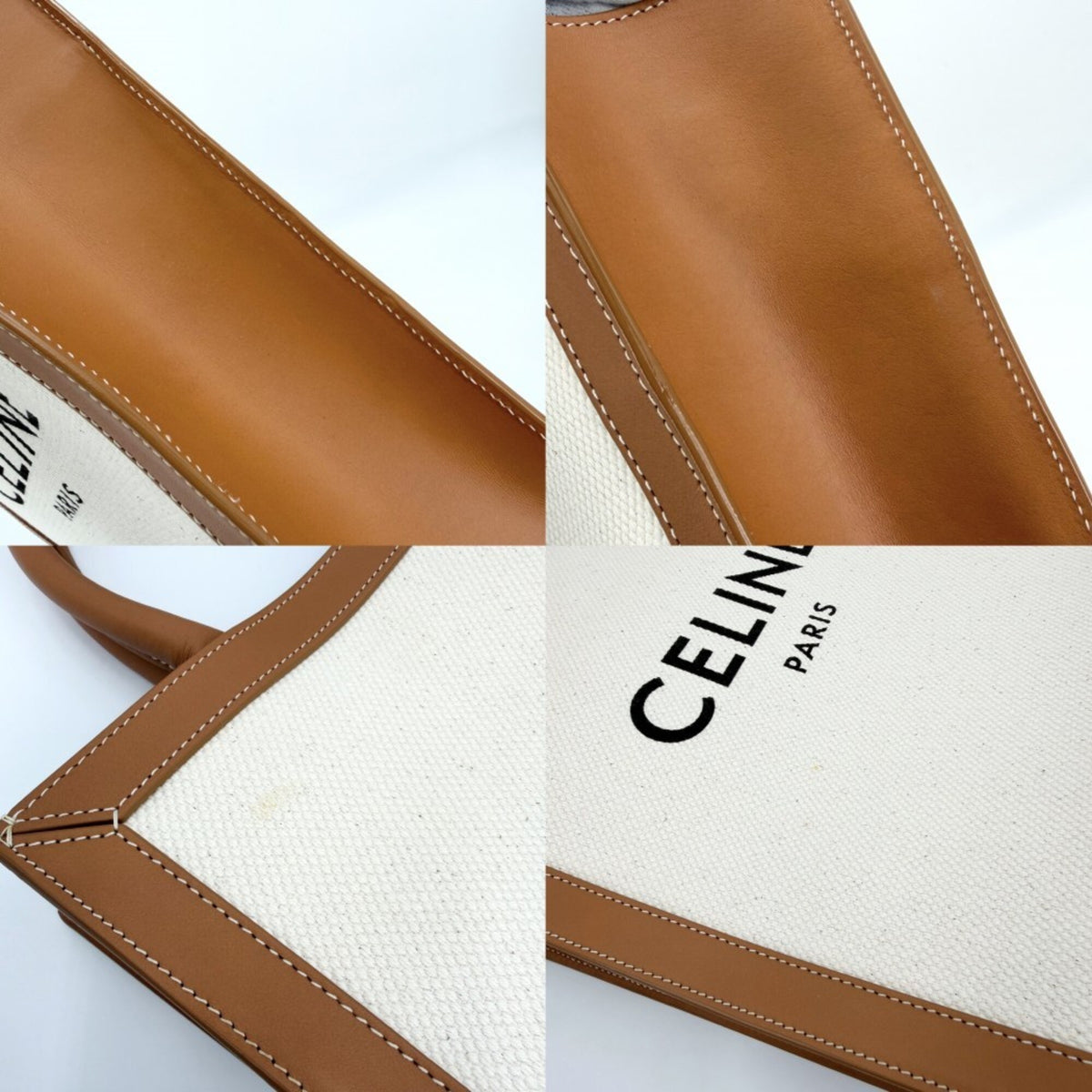 Celine Brown Ivory Canvas Leather Handbag Shoulder Bag Tote Bag (Pre-Owned)