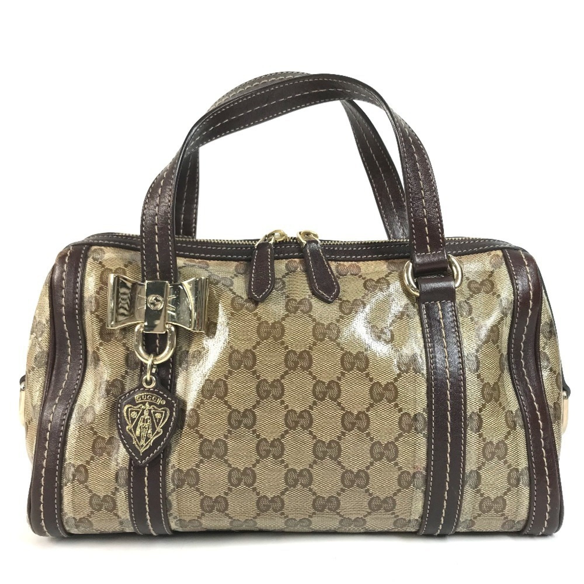 Gucci Hysteria Beige Dark Brown Leather Coated Canvas Boston Bag Handbag (Pre-Owned)