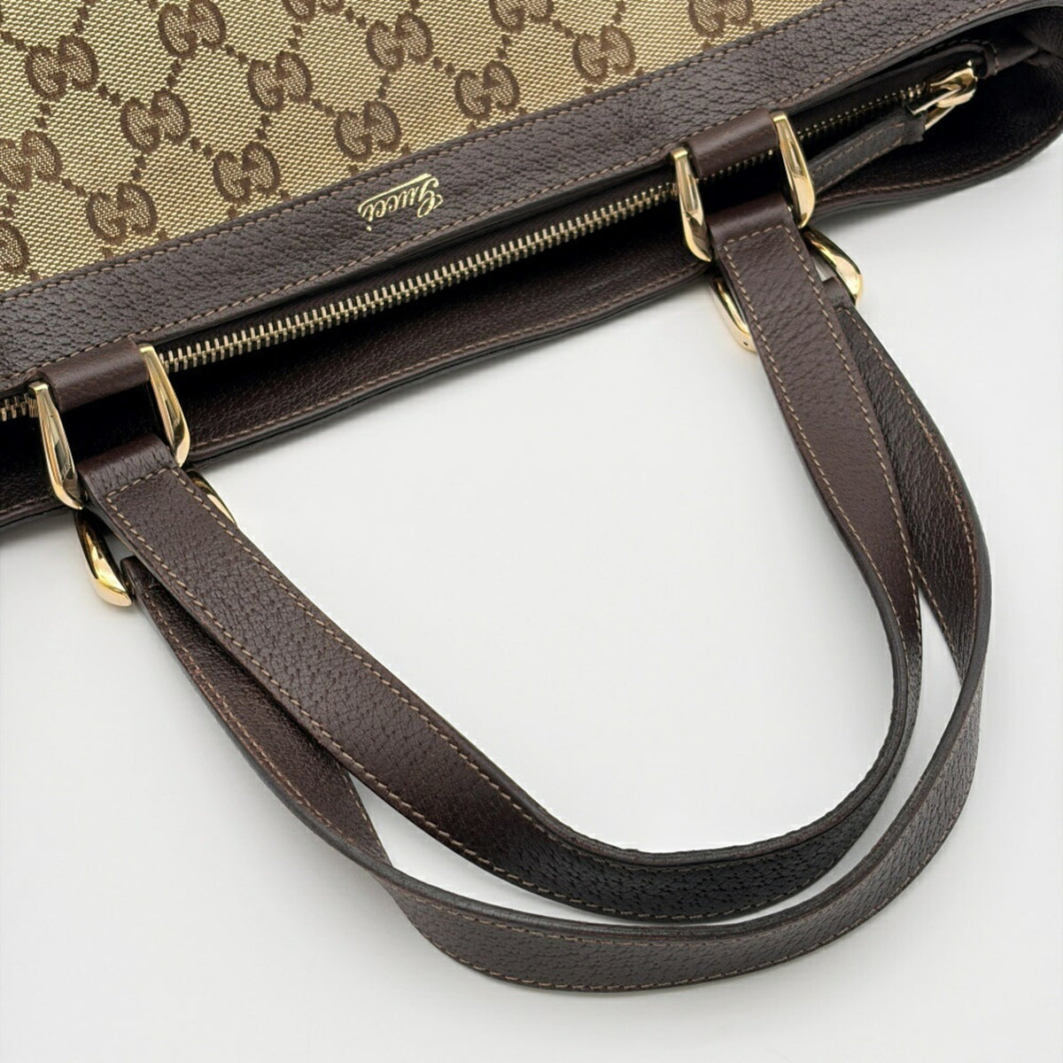 Gucci Beige Dark Brown Gg Canvas Leather Tote Bag (Pre-Owned)