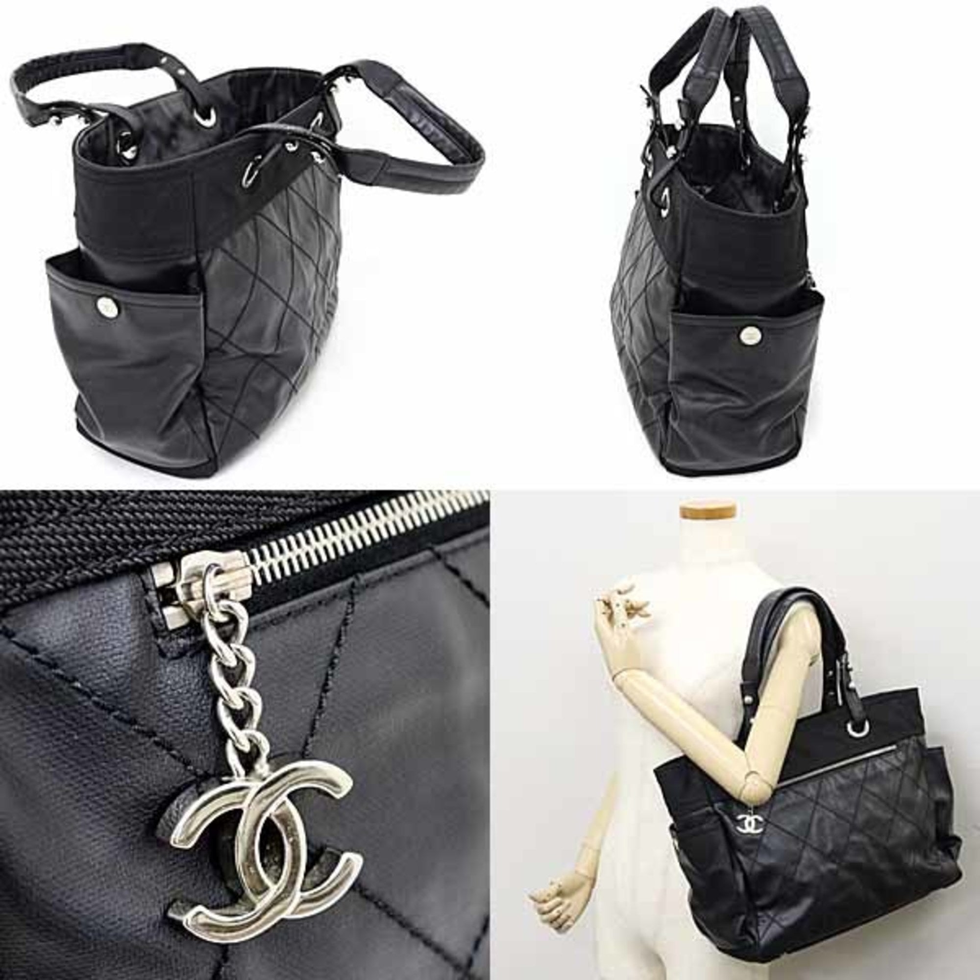 Chanel Paris Biarritz Black Coated Canvas Leather Shoulder Bag Tote Bag (Pre-Owned)