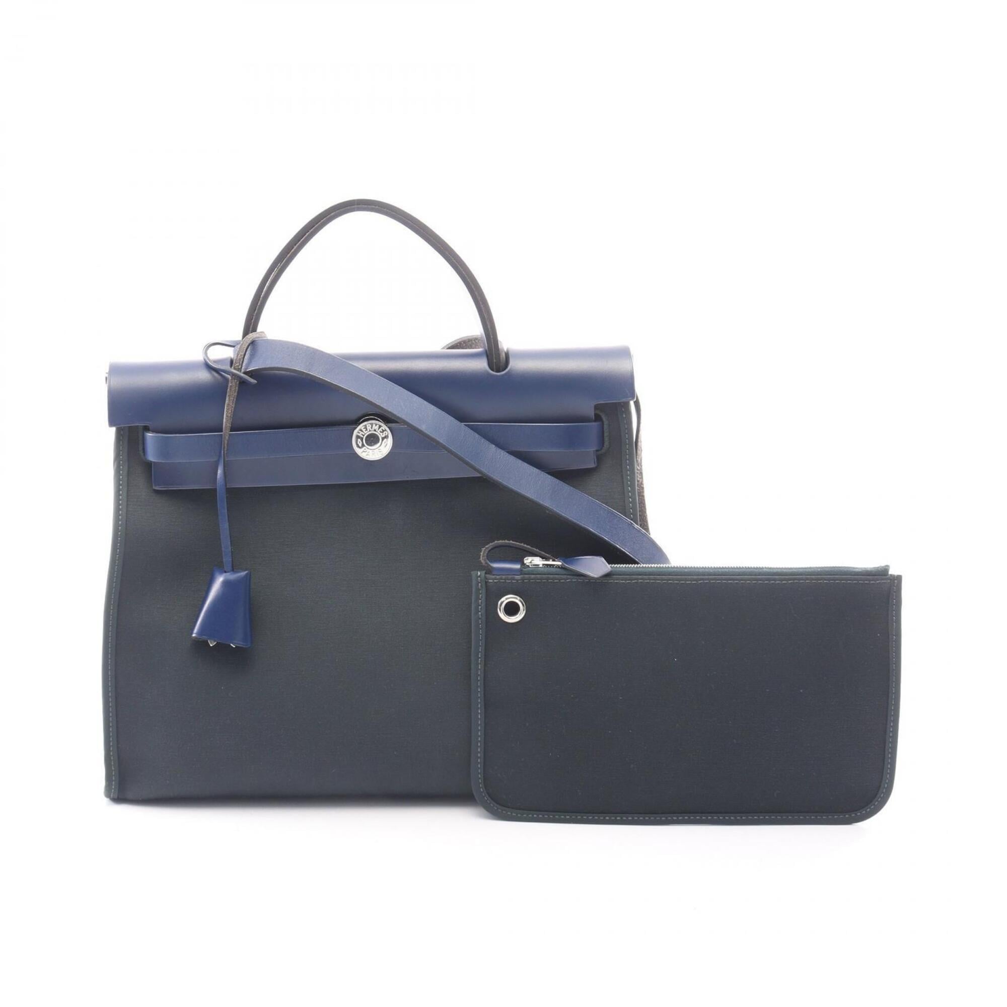 Hermes Blue Green Canvas Handbag (Pre-Owned)