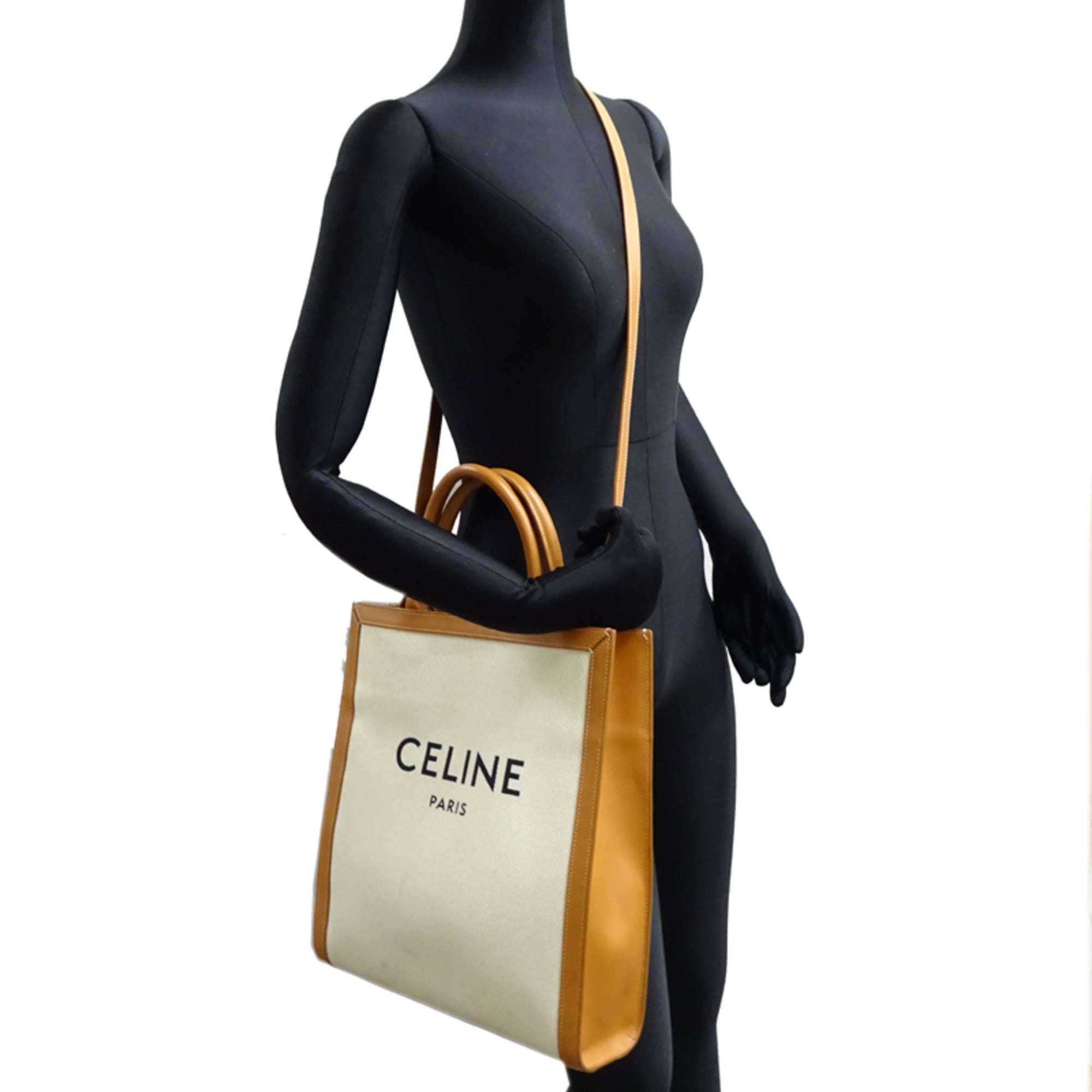 Celine Brown White Coated Canvas Leather Tote Bag (Pre-Owned)