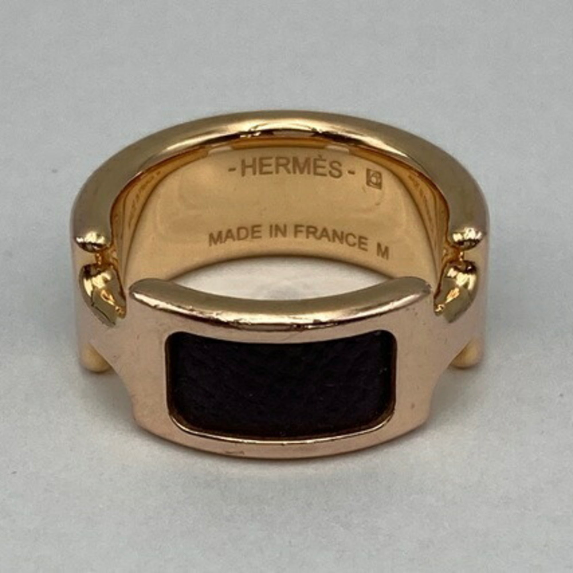 Hermes Dark Brown Yellow Leather Metal Band Ring (Pre-Owned)