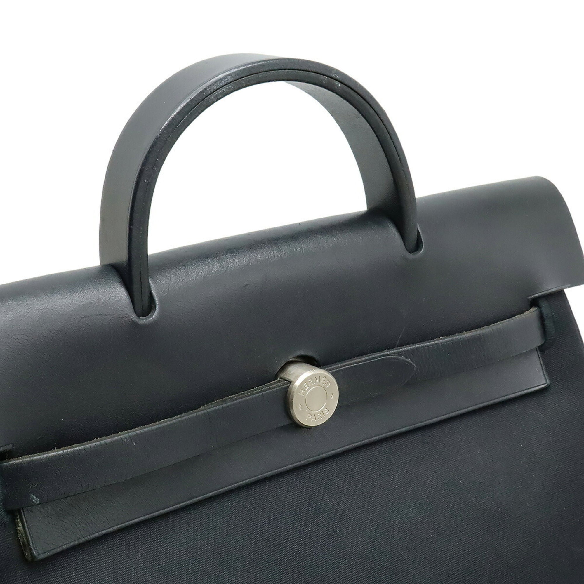 Hermes Her Bag Black Toile Officier Leather Backpack Handbag (Pre-Owned)