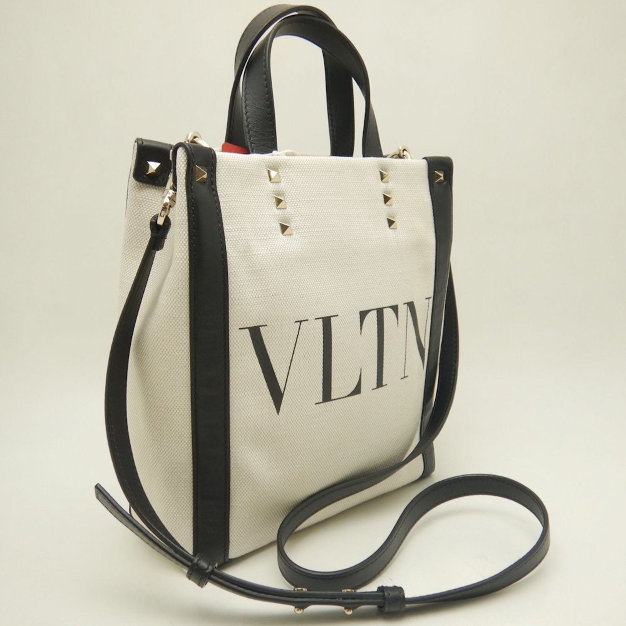 Valentino Garavani Black White Canvas Leather Tote Bag (Pre-Owned)