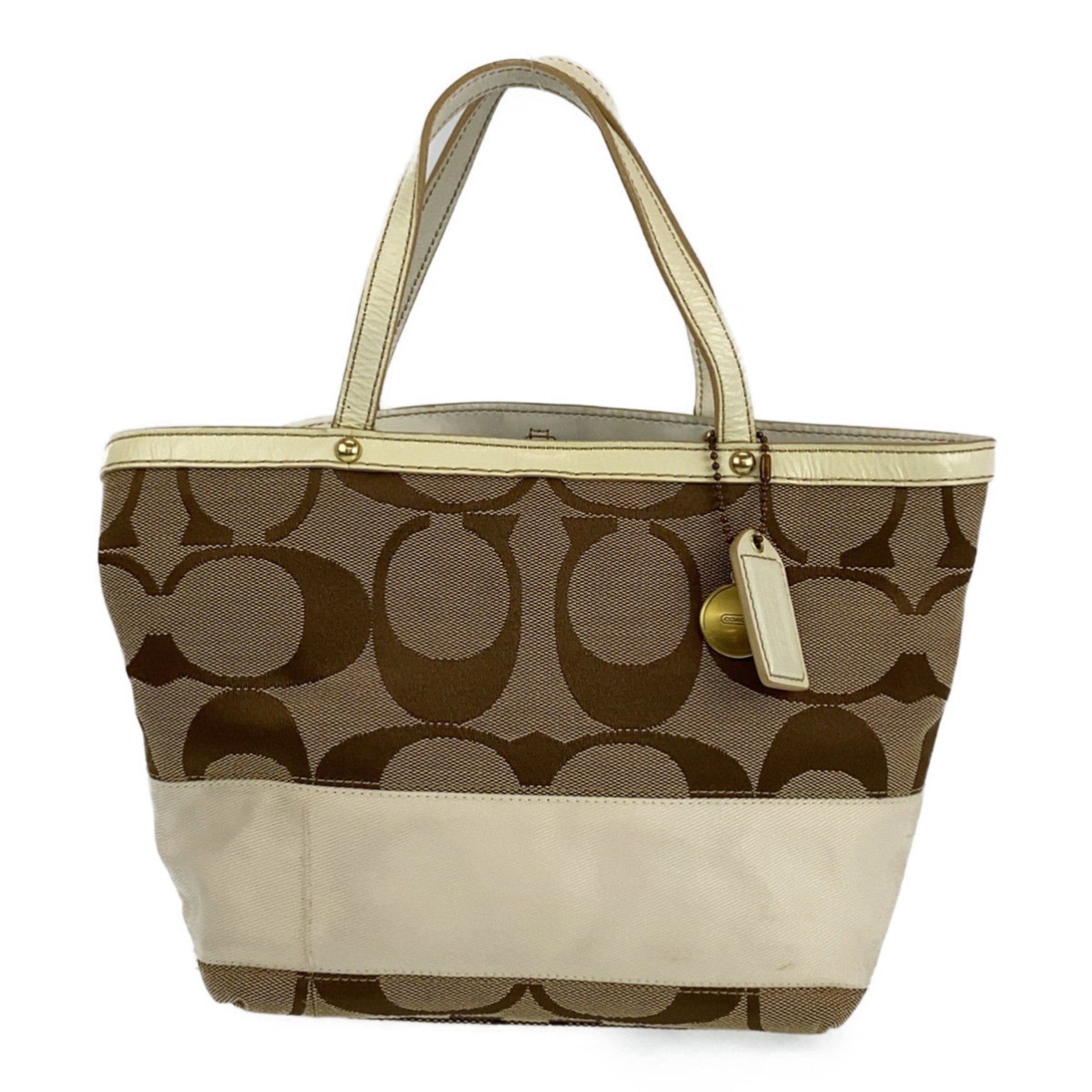 Coach Beige White Leather Canvas Handbag Tote Bag (Pre-Owned)