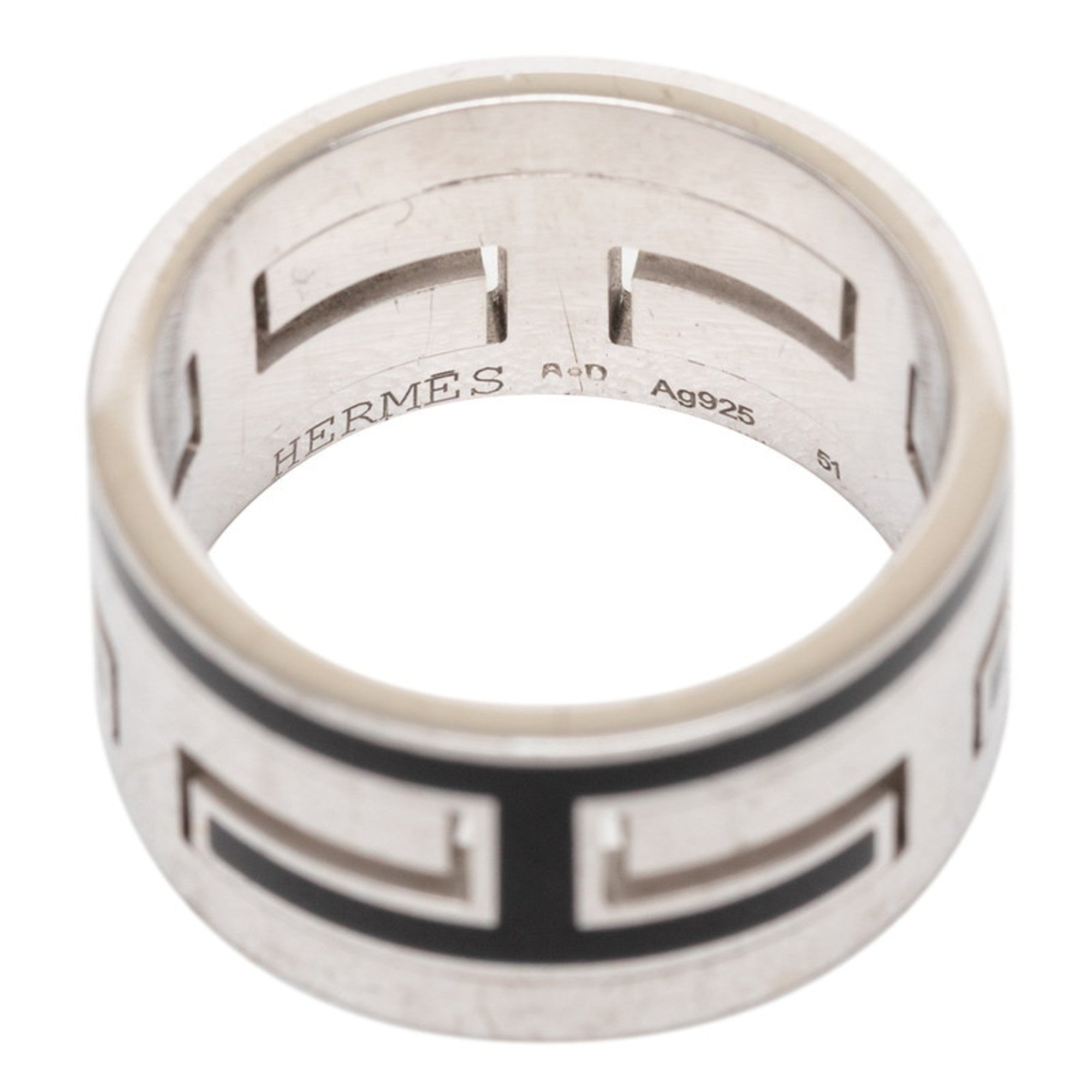 Hermes Silver Black Silver 925 Band Ring (Pre-Owned)