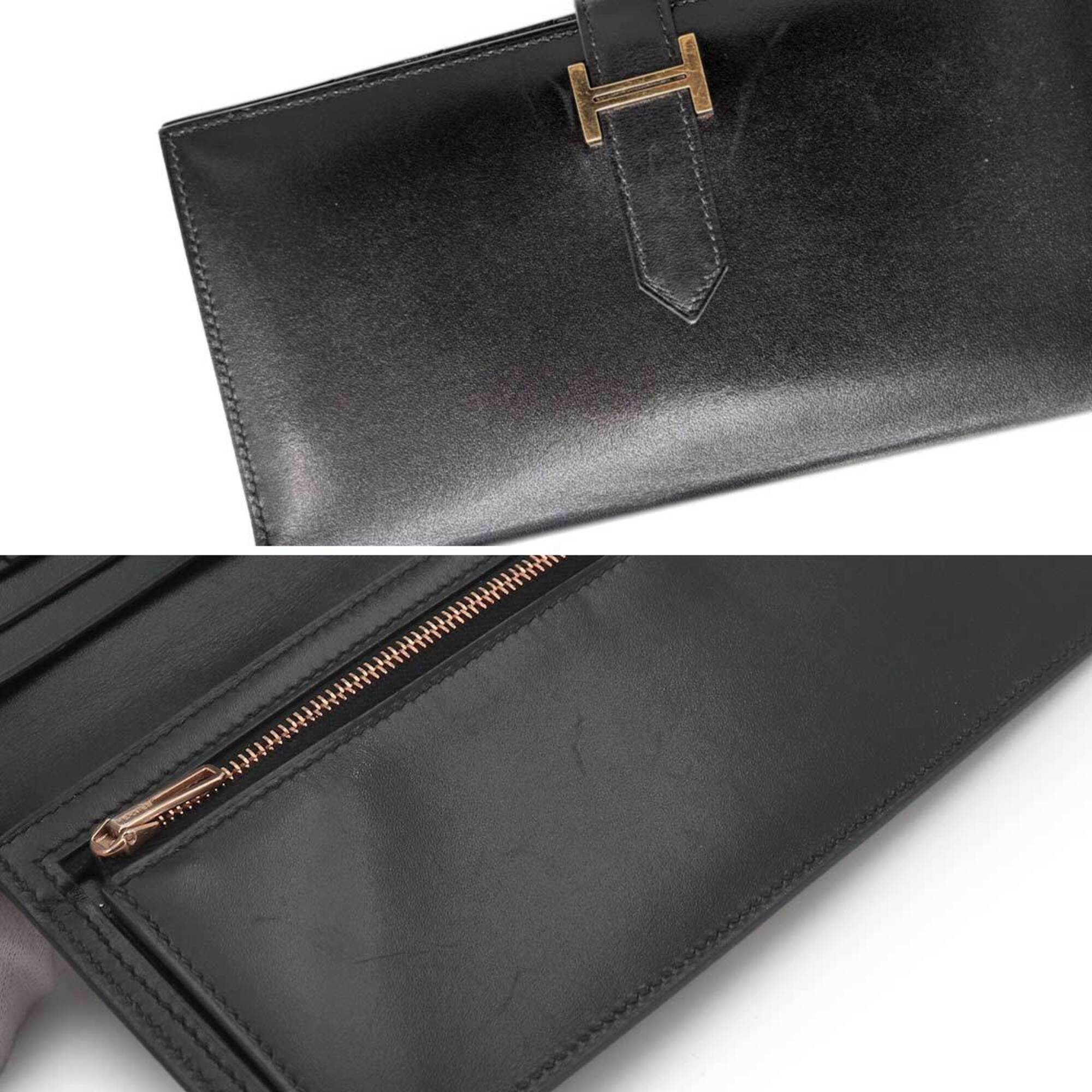 Hermes Black Box Calf Leather Long Wallet (Bi-Fold) (Pre-Owned)