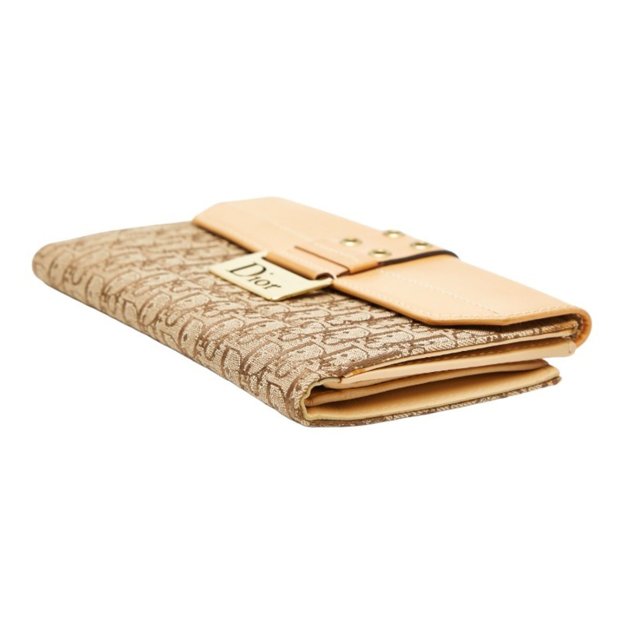 Christian Dior Beige Brown Canvas Leather Long Wallet (Bi-Fold) (Pre-Owned)