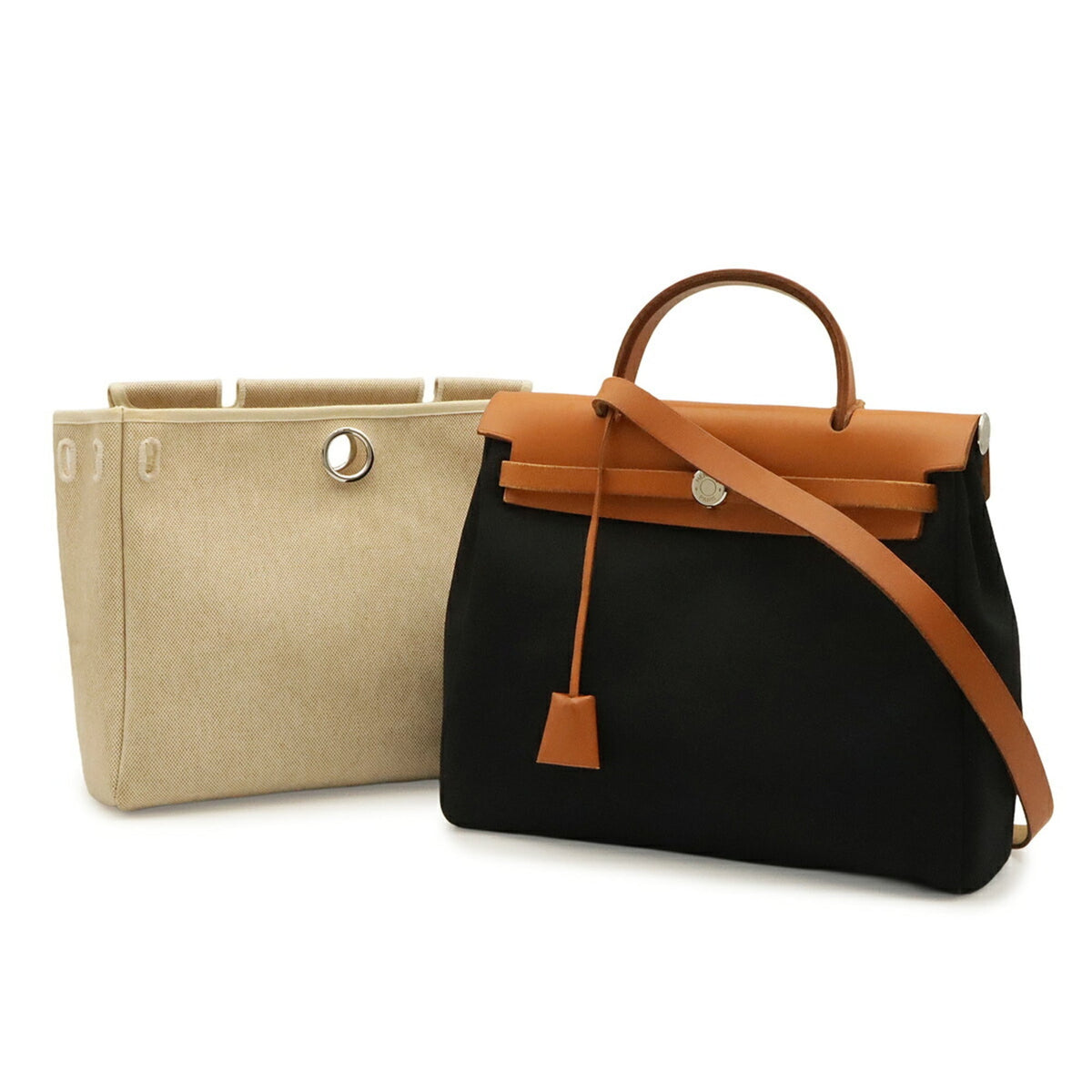 Hermes Her Bag Black Brown Light Brown Toile Officier Leather Handbag Shoulder Bag (Pre-Owned)