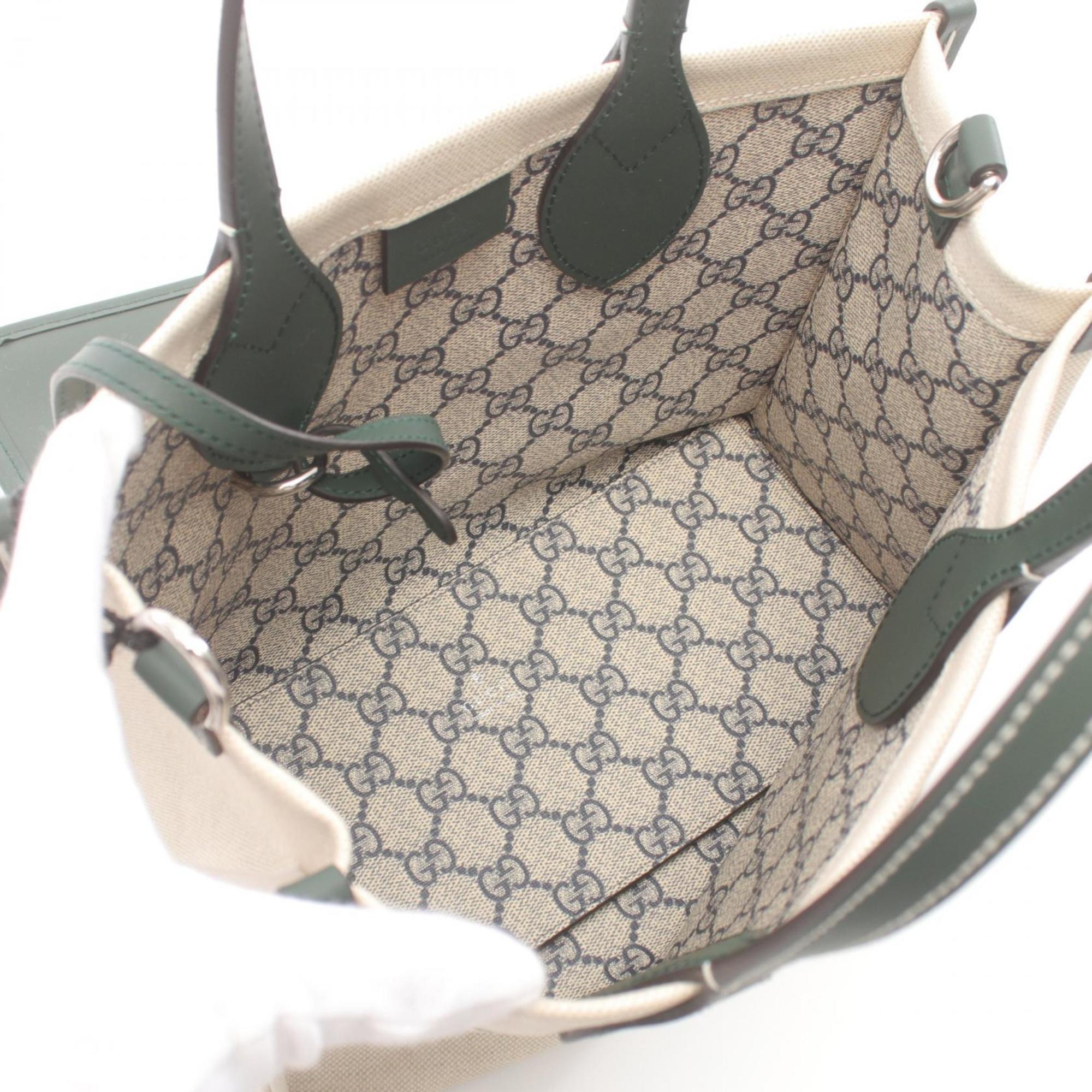 Gucci Beige Green Canvas Leather Tote Bag