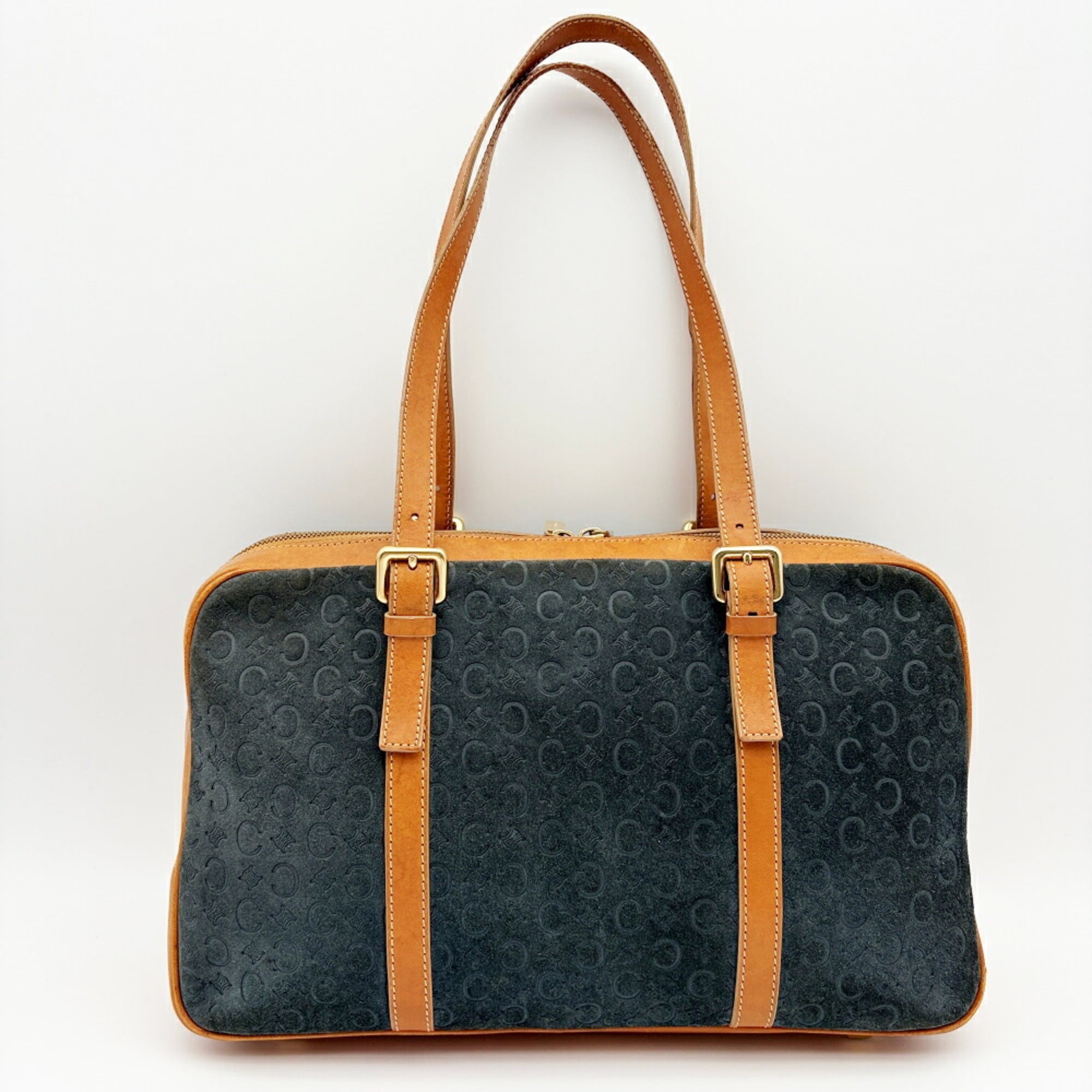 Celine Macadam Brown Navy Suede Leather Boston Bag (Pre-Owned)