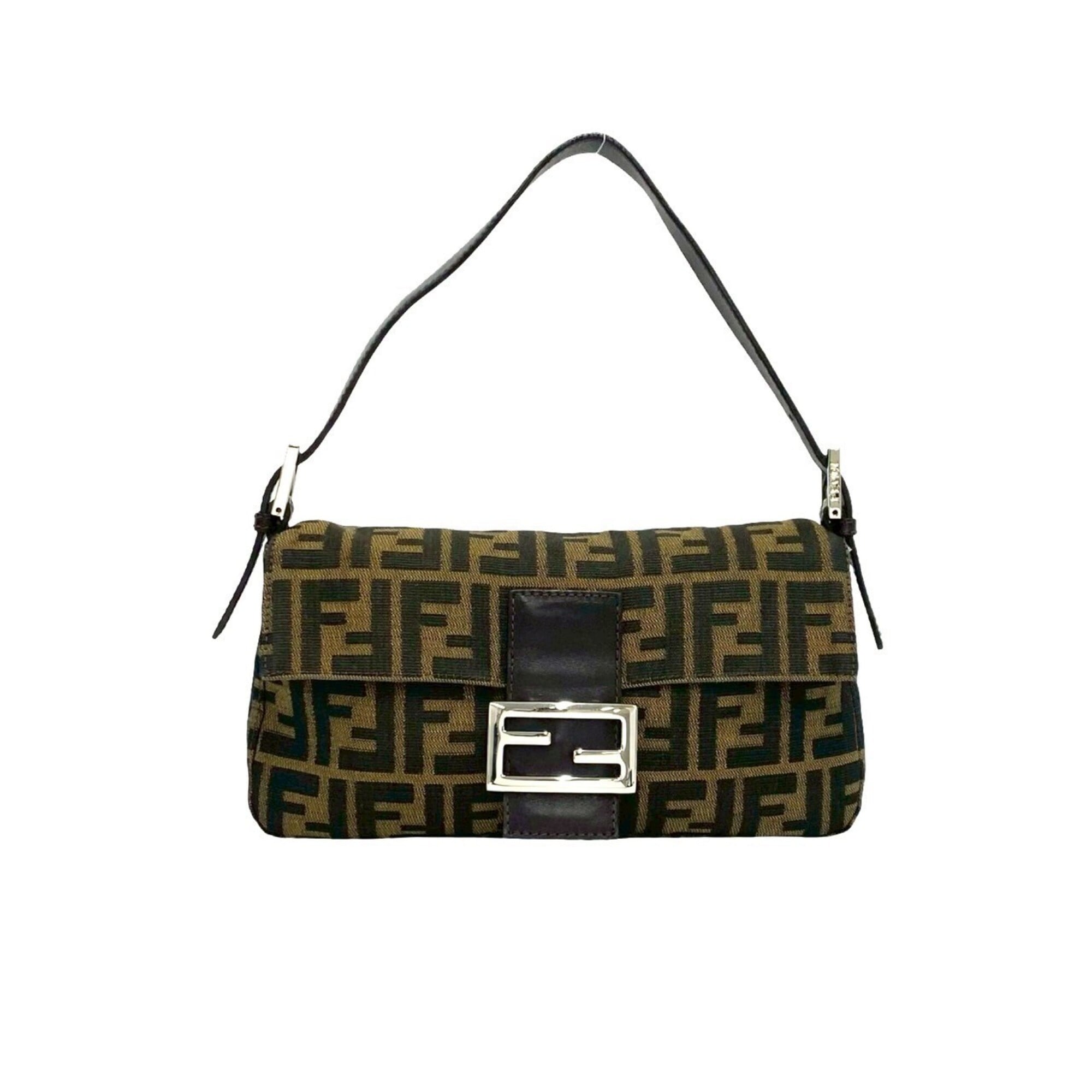 Fendi Black Brown Khaki Canvas Leather Handbag Shoulder Bag (Pre-Owned)