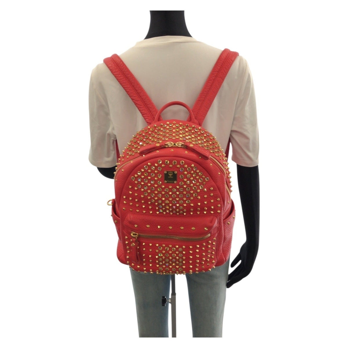 Mcm Red Color Leather Rhinestone Backpack (Pre-Owned)