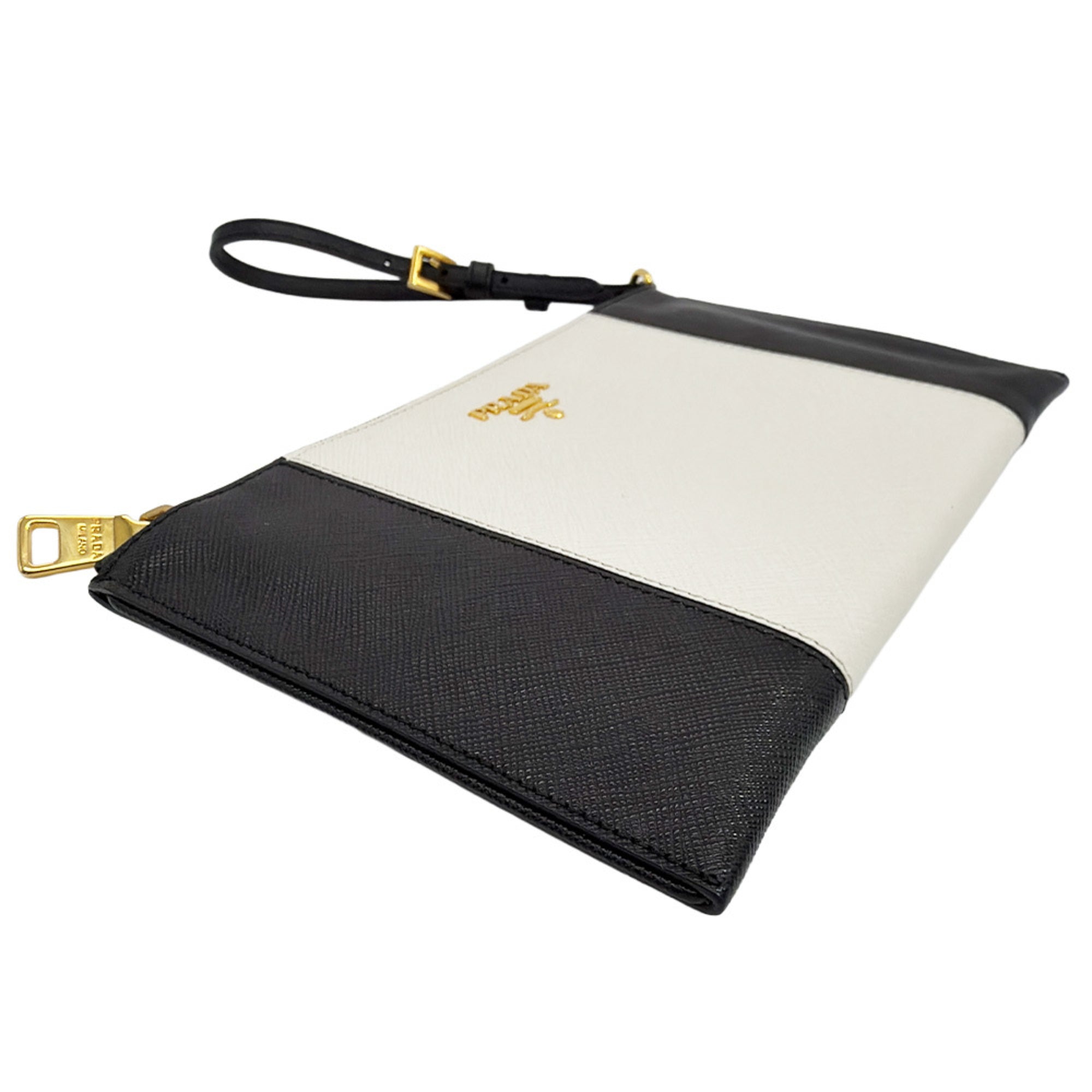 Prada Black White Leather Clutch Bag Handbag Pouch (Pre-Owned)