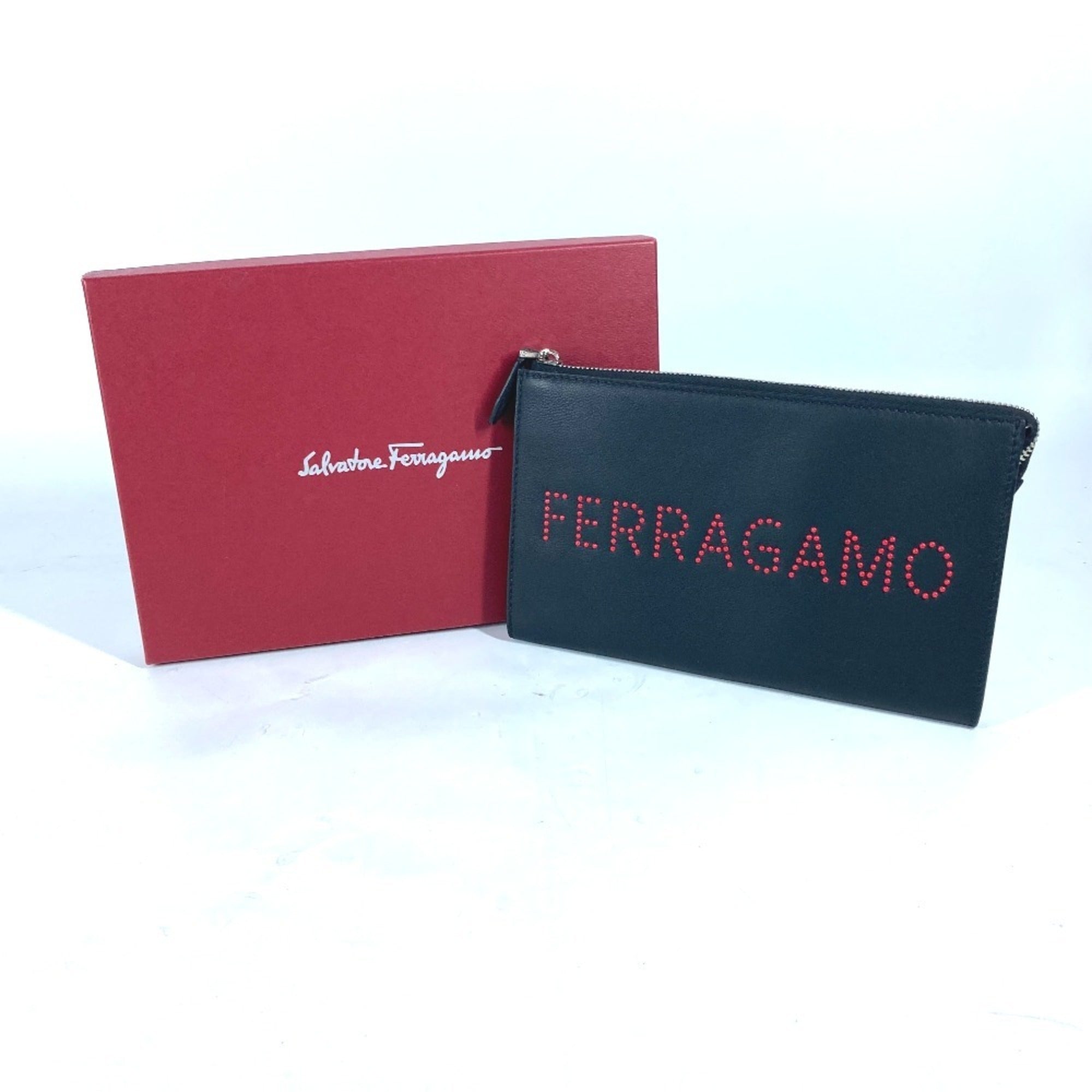 Salvatore Ferragamo Black Red Color Leather Clutch Bag Pouch (Pre-Owned)