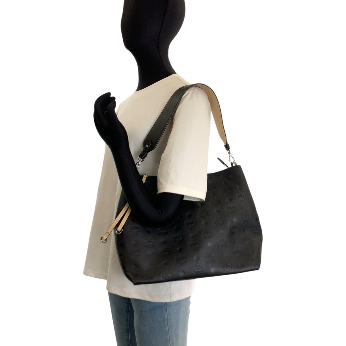 Mcm Beige Black Leather Handbag Shoulder Bag (Pre-Owned)