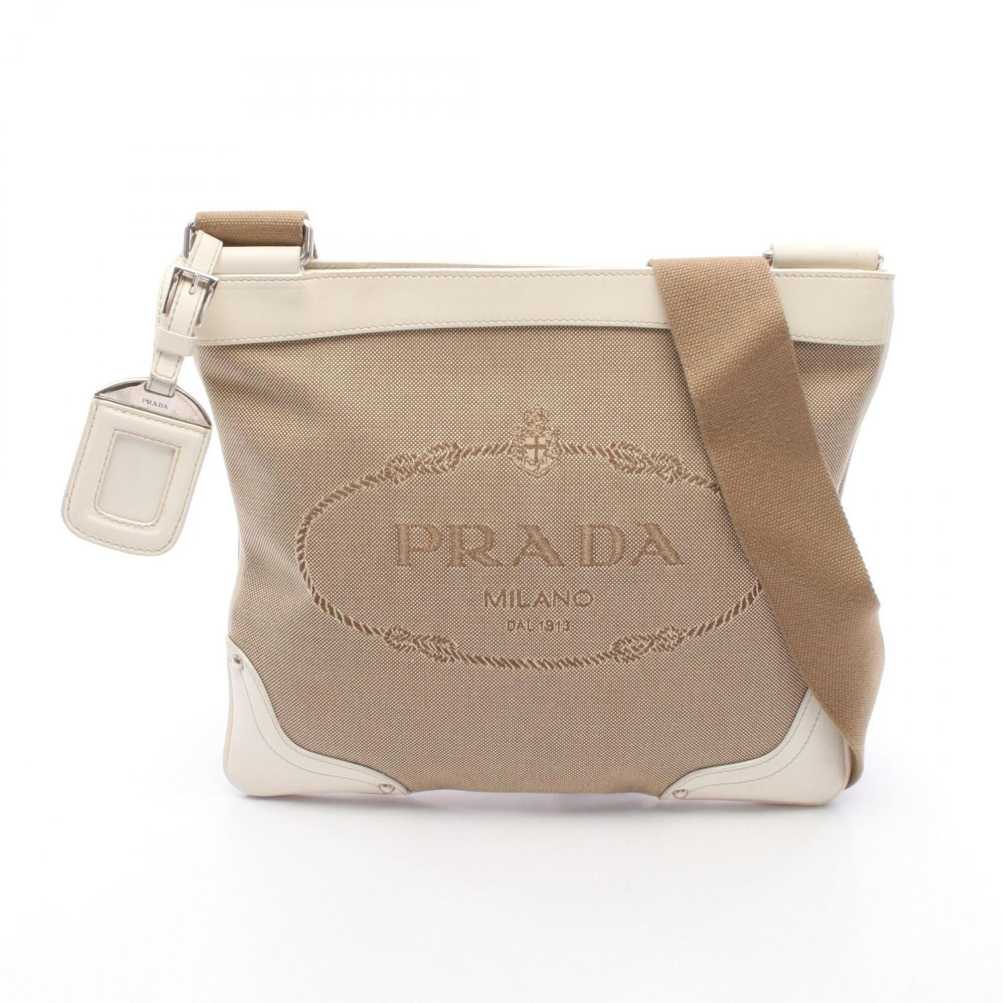 Prada Beige Ivory Canvas Leather Handbag Shoulder Bag (Pre-Owned)