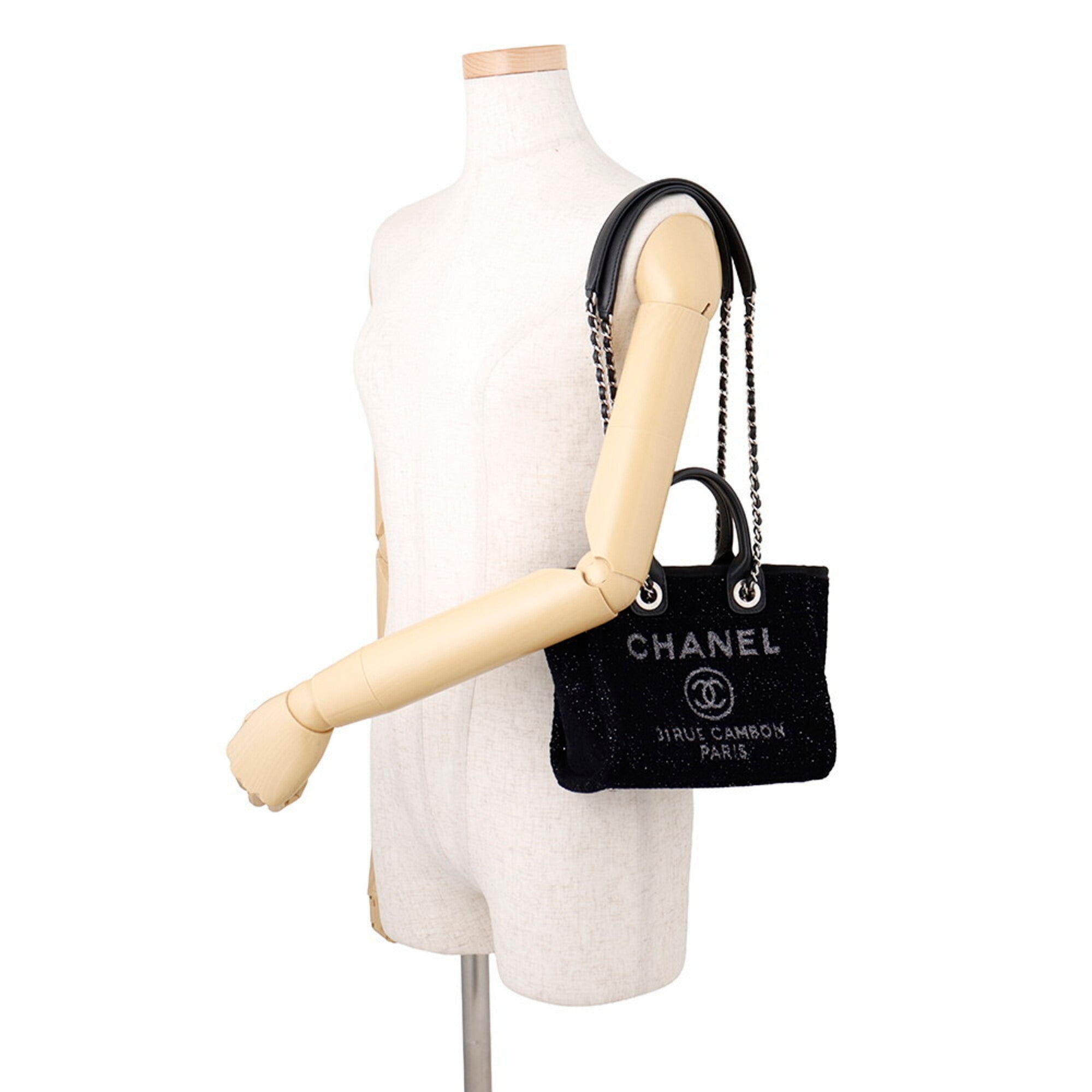Chanel Black Canvas Leather Handbag Shoulder Bag Tote Bag (Pre-Owned)