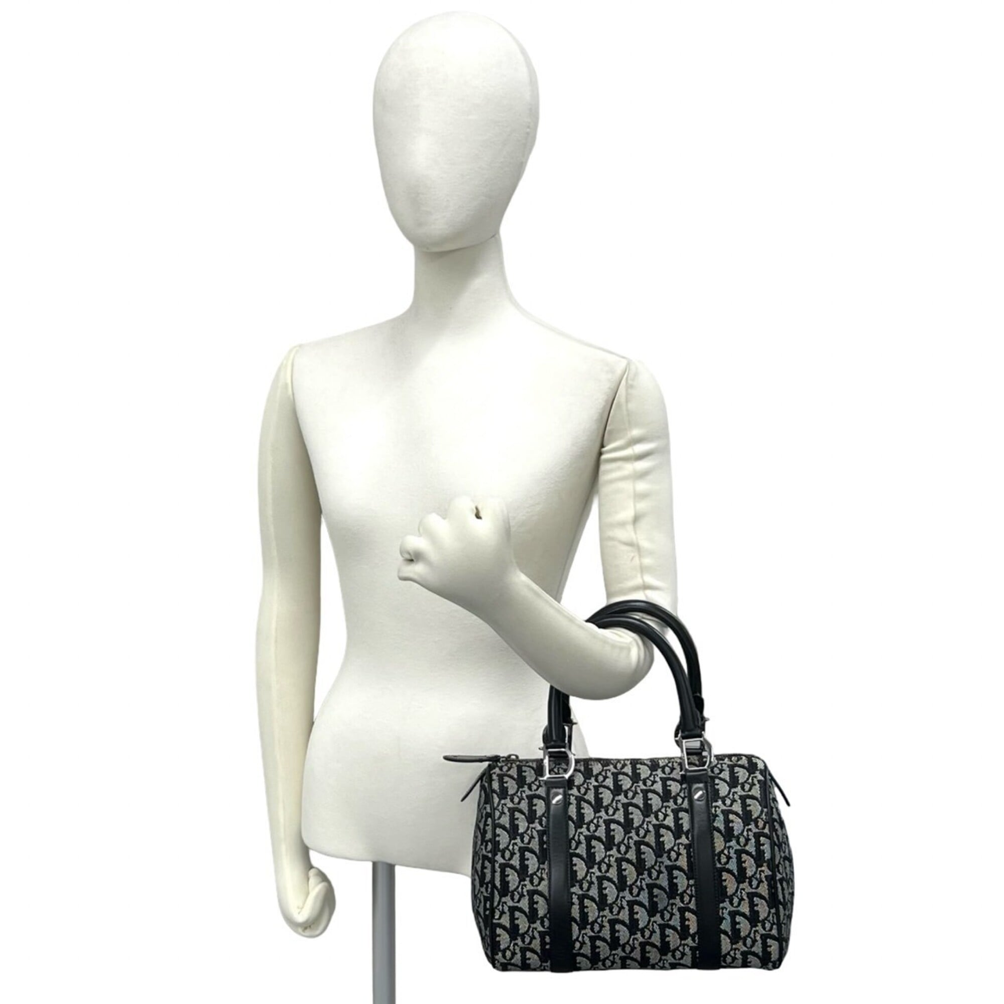Christian Dior Black Navy Canvas Leather Boston Bag Handbag (Pre-Owned)