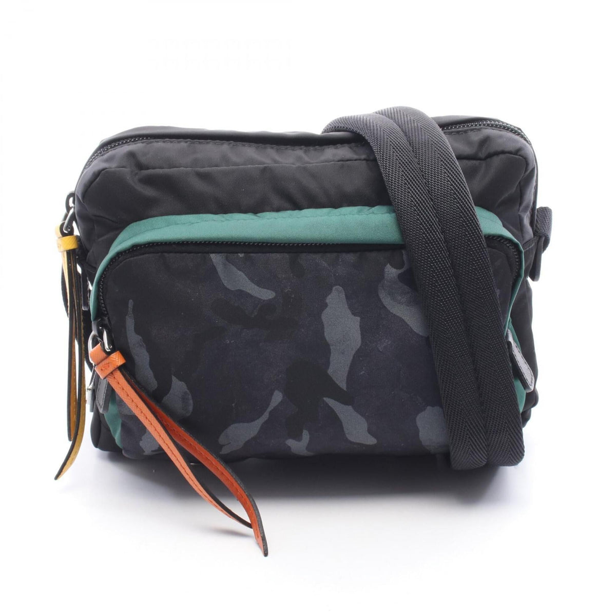 Prada Black Green Multi-Color Nylon Leather Handbag Shoulder Bag (Pre-Owned)