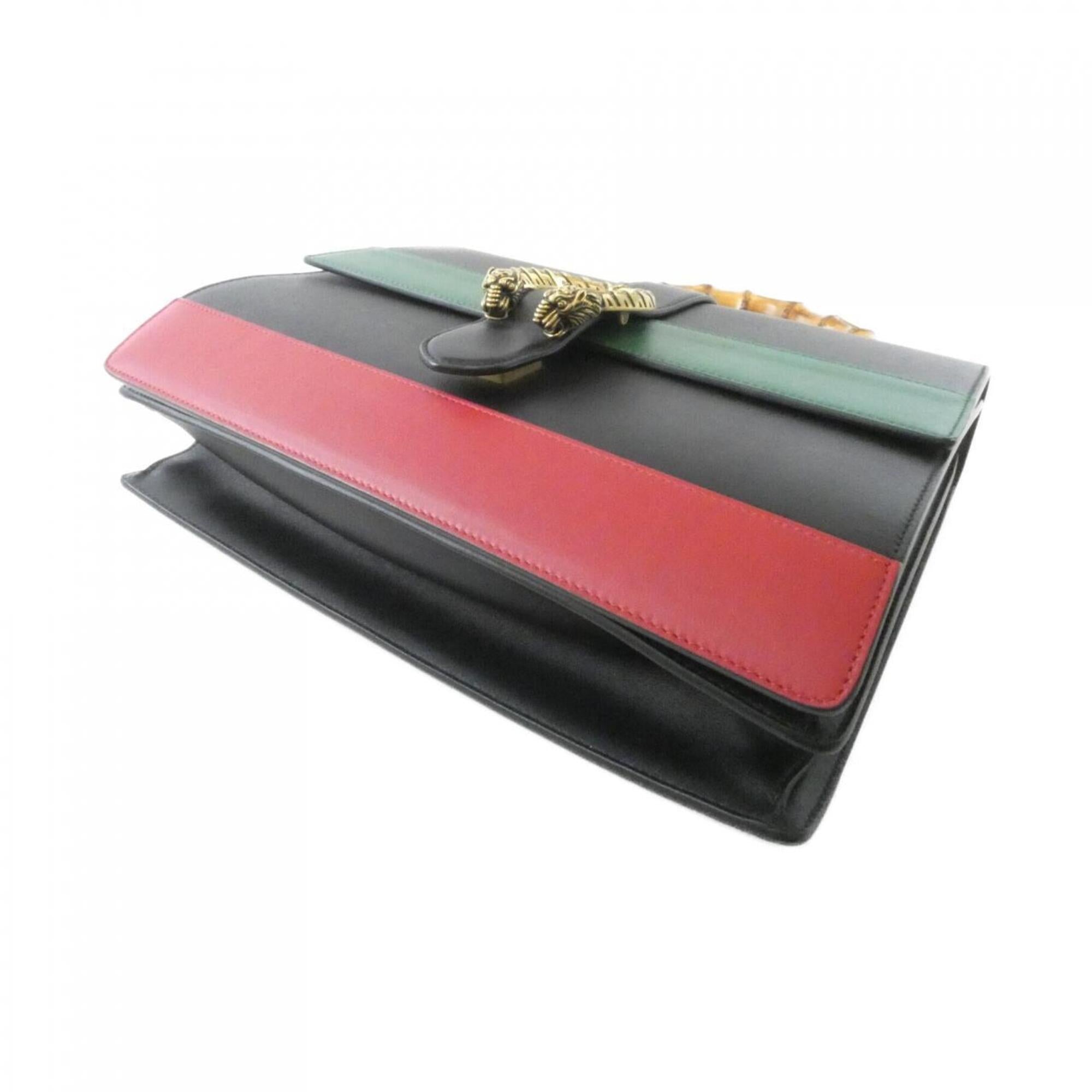 Gucci Black Green Red Color Leather Handbag (Pre-Owned)