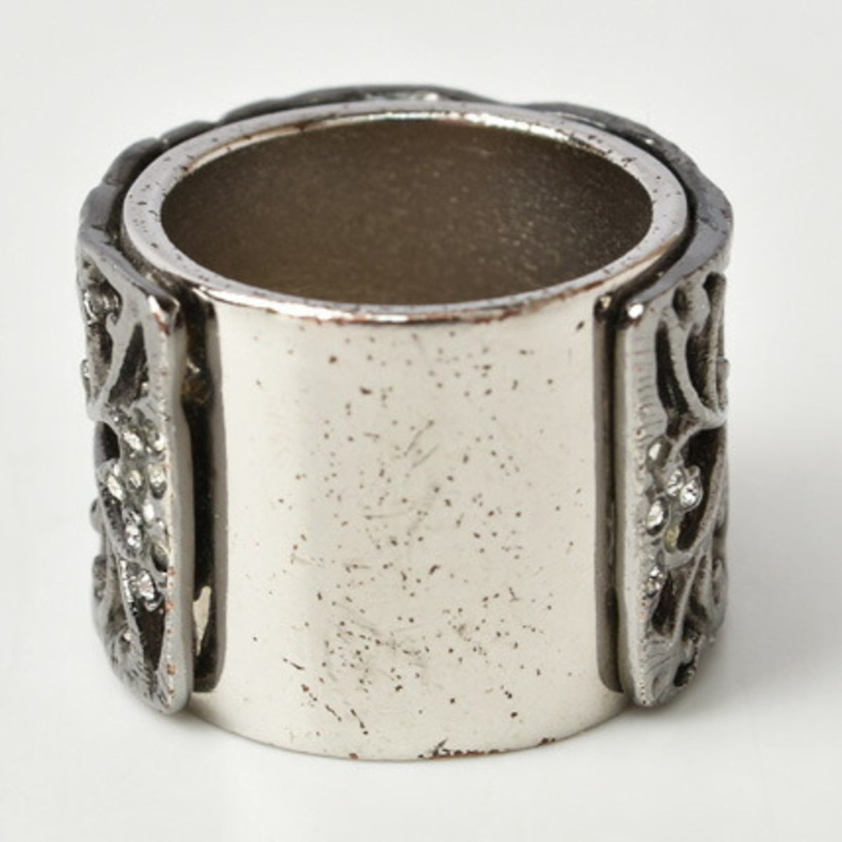 Chanel Gunmetal Metal Rhinestone Band Ring (Pre-Owned)