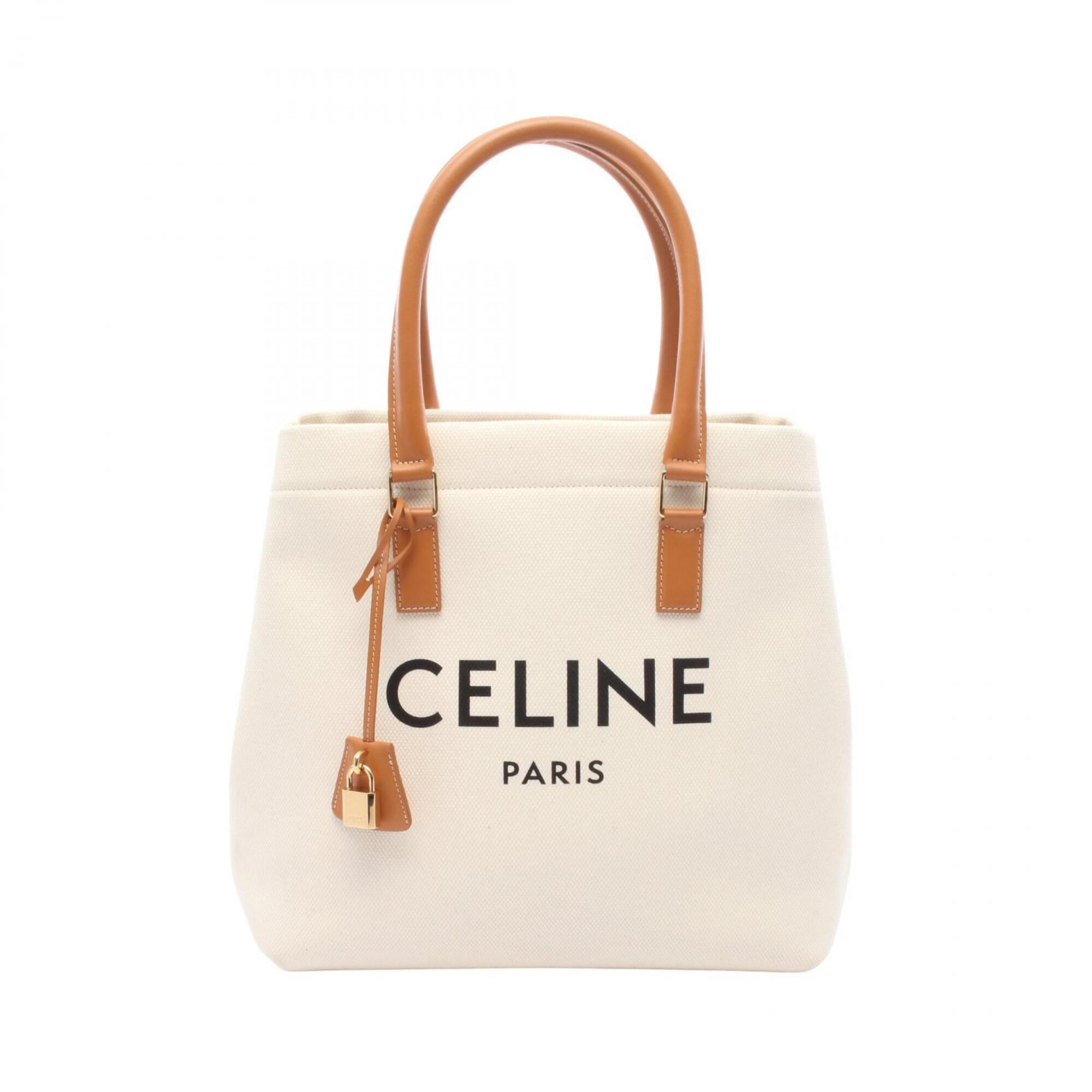 Celine Brown Ivory Canvas Leather Handbag Tote Bag (Pre-Owned)