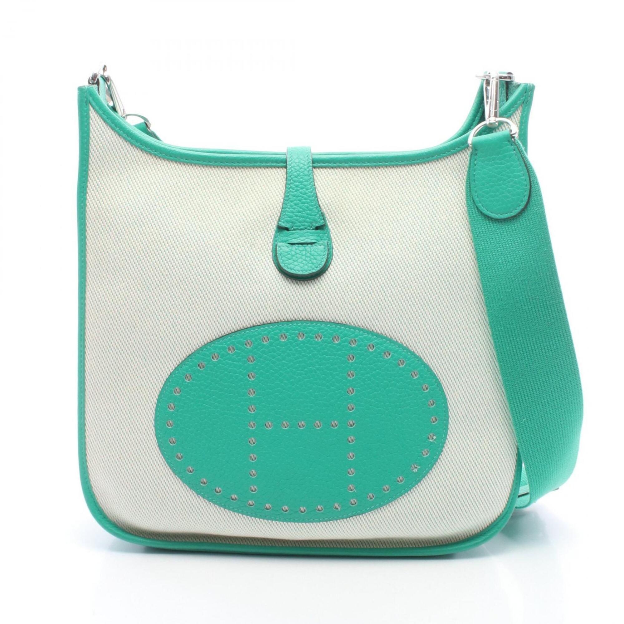 Hermes Ecru Green Ivory Mint Green Canvas Toile H Taurillon Clemence Leather Handbag Shoulder Bag (Pre-Owned)
