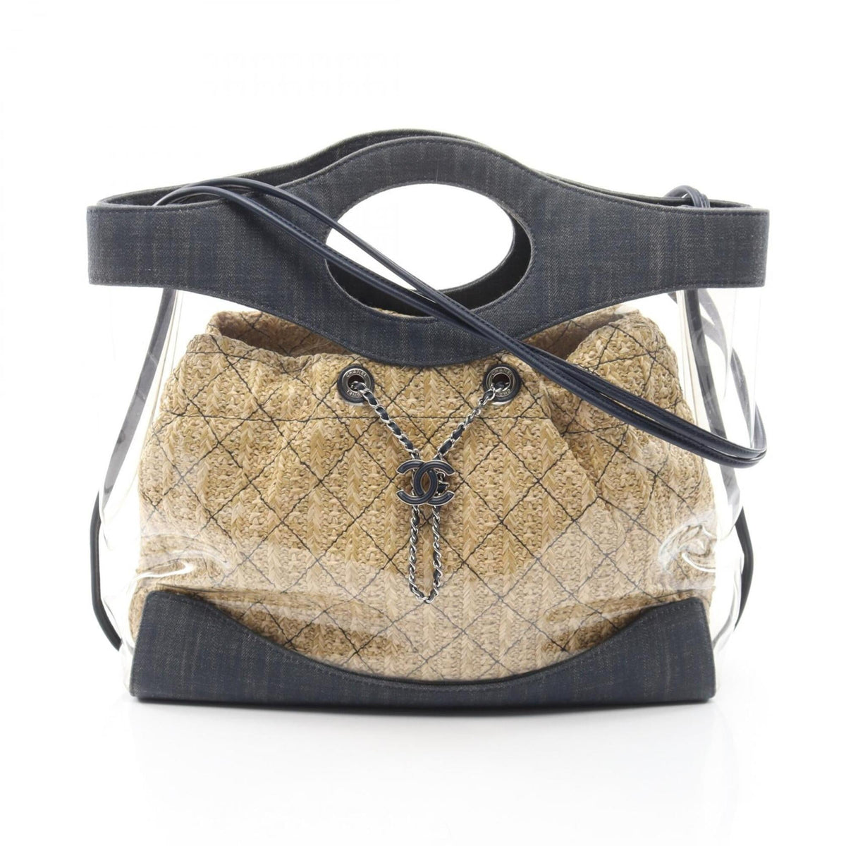 Chanel Beige Navy Vinyl Denim Straw Handbag Shopping Bag Shoulder Bag (Pre-Owned)