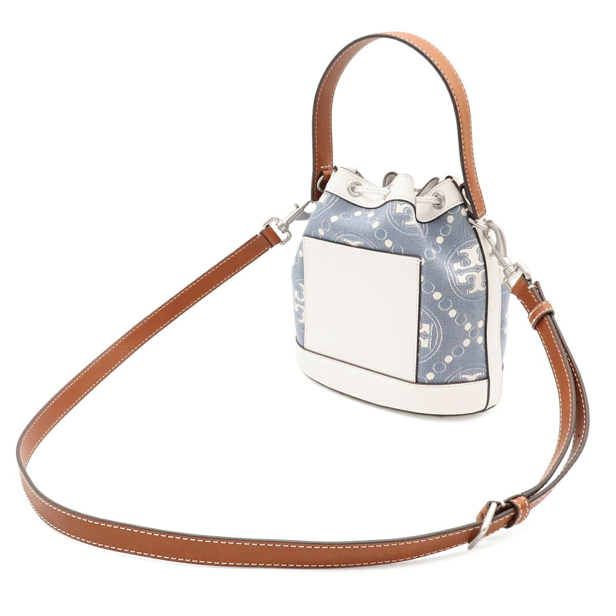 Tory Burch Brown Light Blue White Leather Denim Jacquard Handbag Shoulder Bag (Pre-Owned)