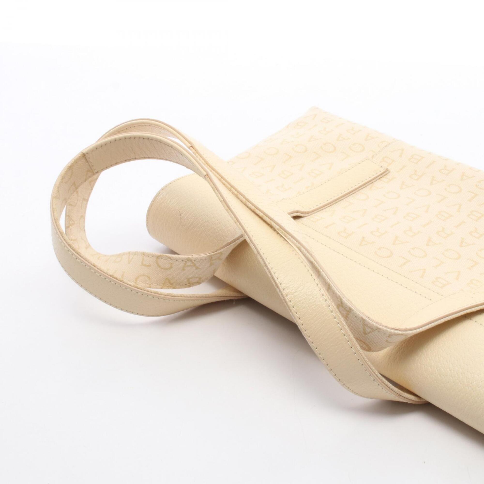 Bvlgari Logomania Beige Ivory Canvas Leather Handbag (Pre-Owned)