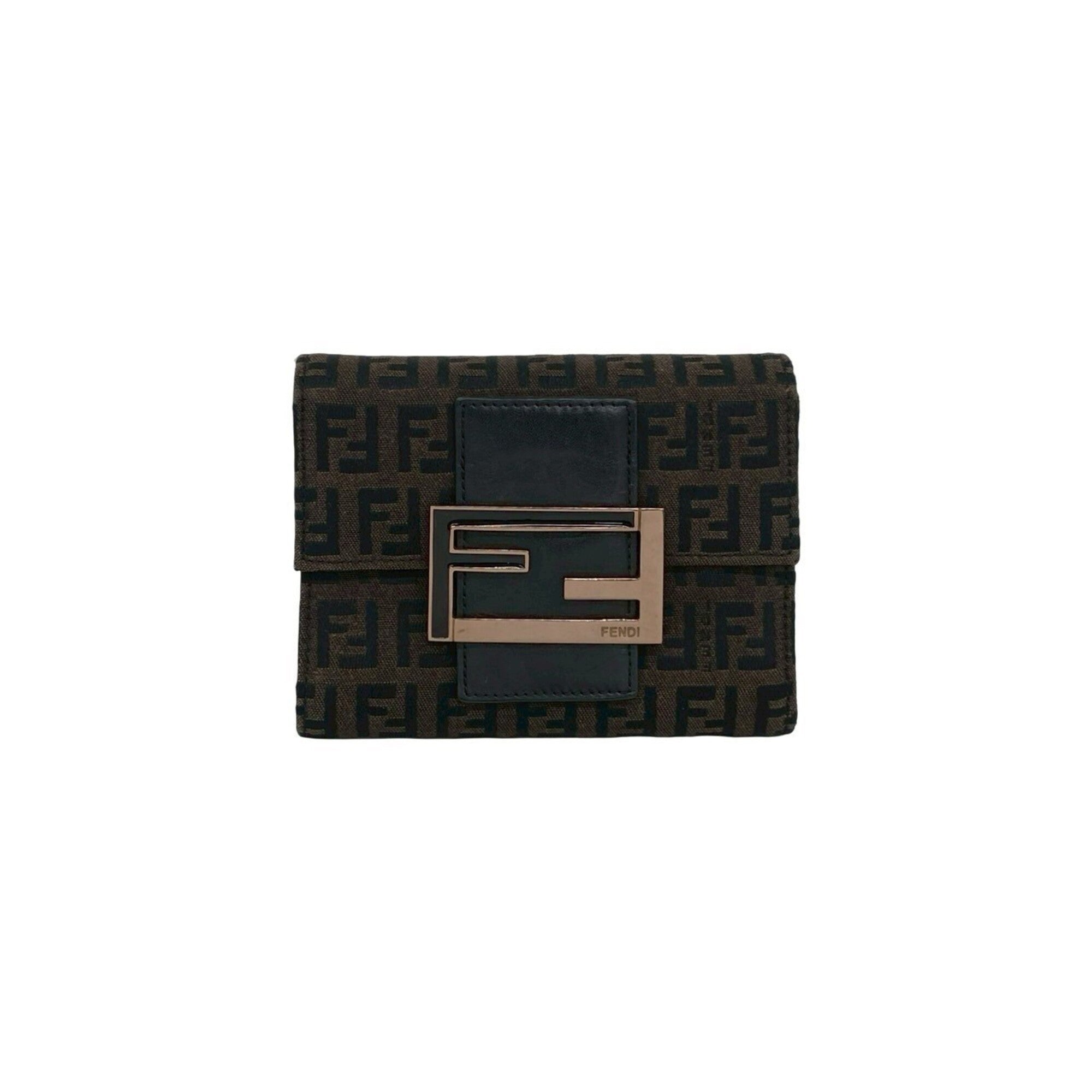 Fendi Black Brown Canvas Leather Wallet (Tri-Fold) (Pre-Owned)