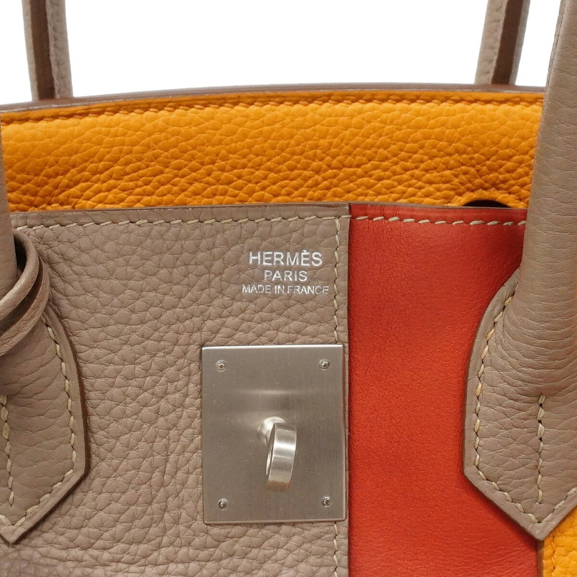 Hermes Gris Tourterelle Mustard Sanguine Taurillon Clemence Leather Handbag (Pre-Owned)