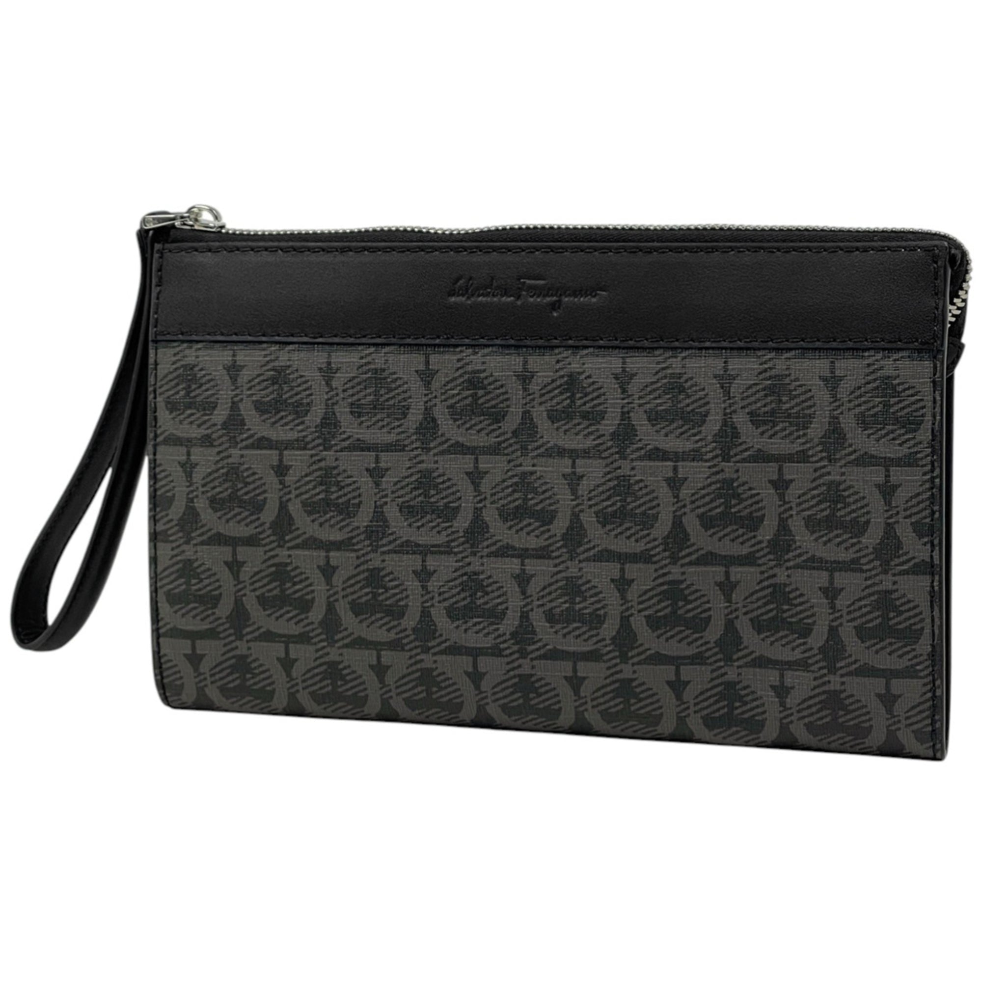Salvatore Ferragamo Gancini Gray Coated Canvas Leather Clutch Bag (Pre-Owned)