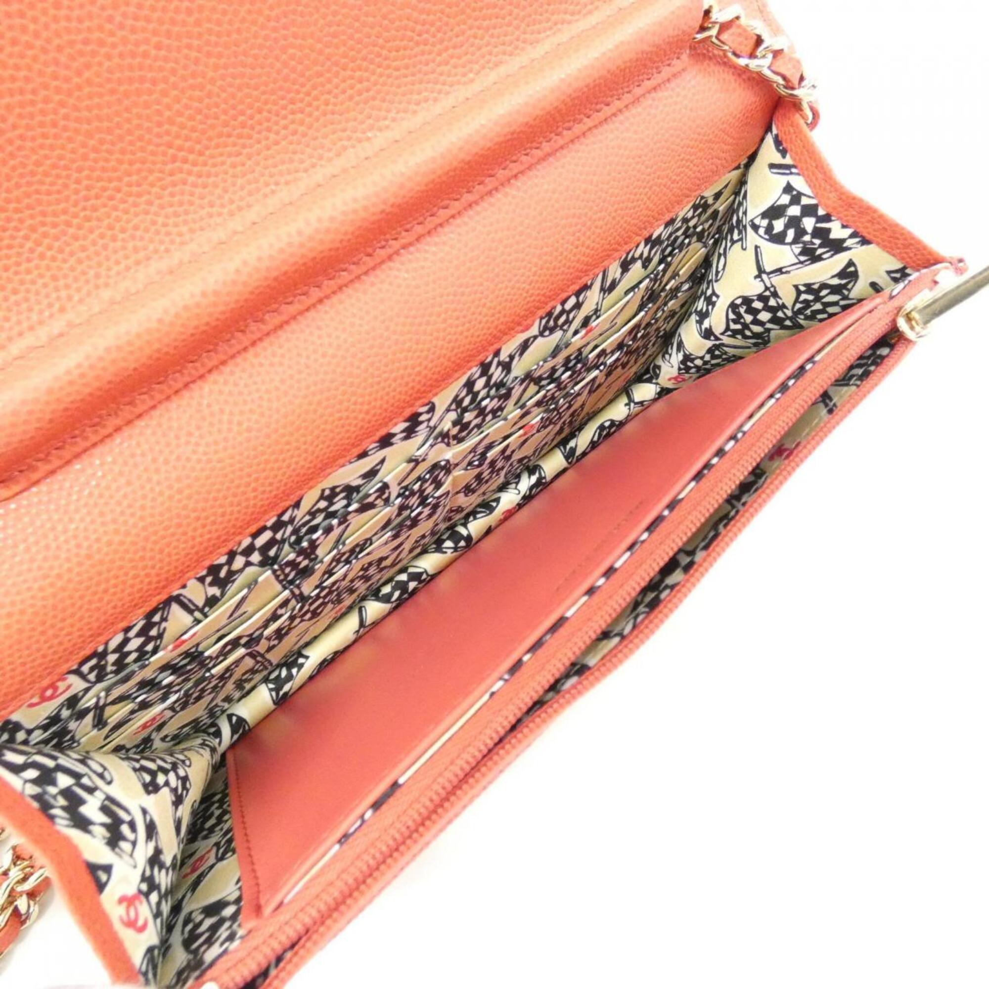 Chanel Red Color Grained Calfskin Chain/Shoulder Wallet (Pre-Owned)