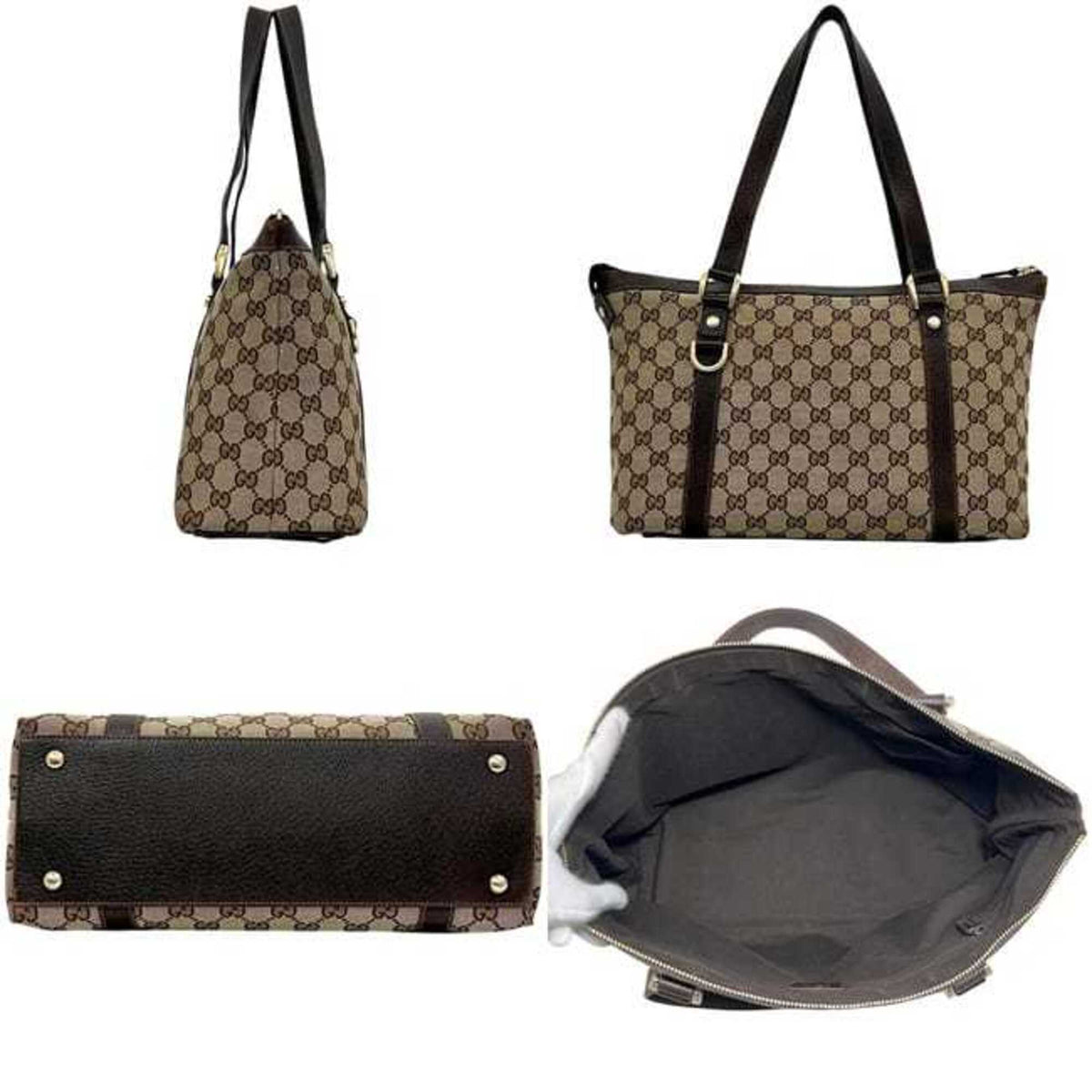 Gucci Beige Brown Gg Canvas Leather Tote Bag (Pre-Owned)