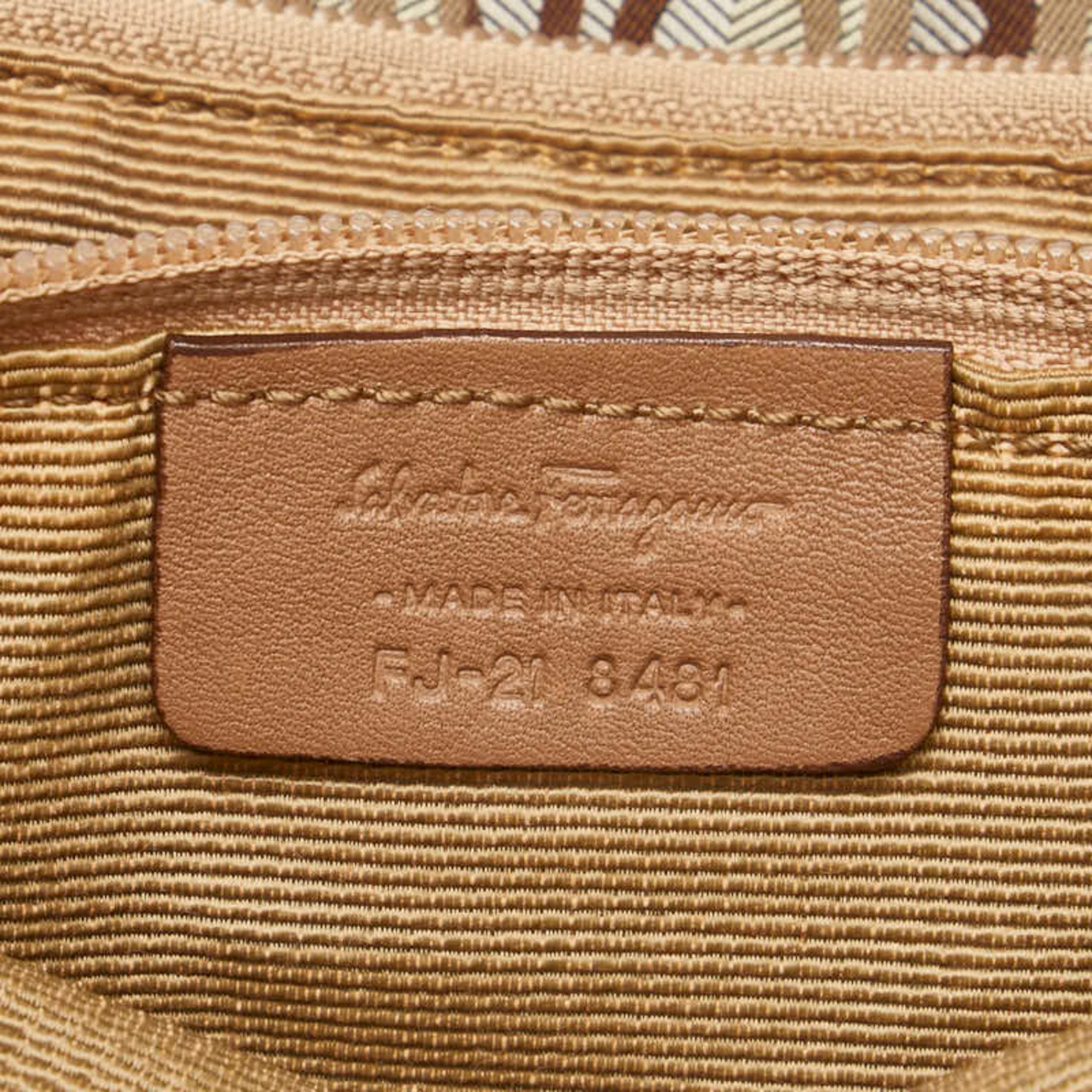 Salvatore Ferragamo Beige Gray Canvas Leather Shoulder Bag Tote Bag (Pre-Owned)