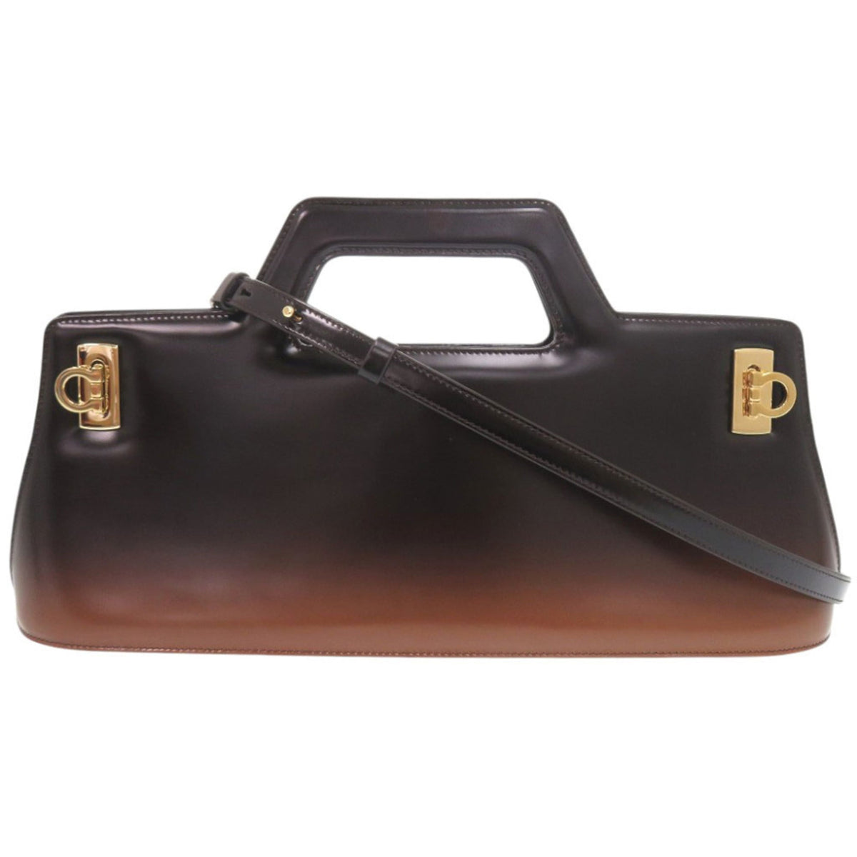 Salvatore Ferragamo Black Brown Patent Leather Handbag Shoulder Bag (Pre-Owned)