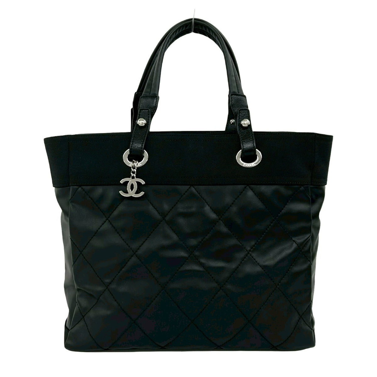 Chanel Black Leather Canvas Handbag Tote Bag (Pre-Owned)
