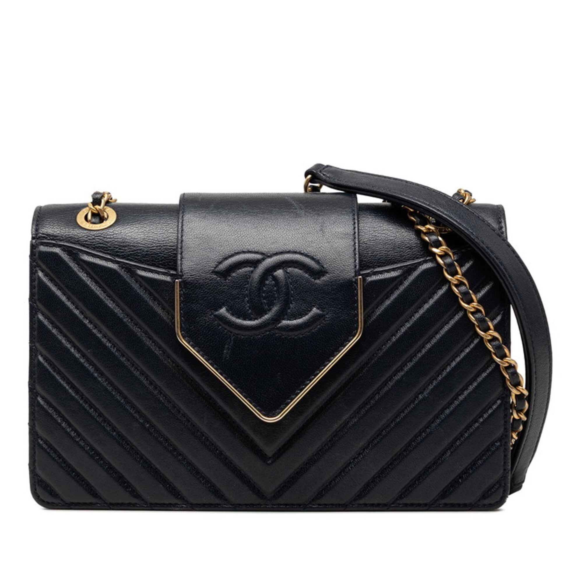 Chanel Gold Navy Leather Shoulder Bag (Pre-Owned)