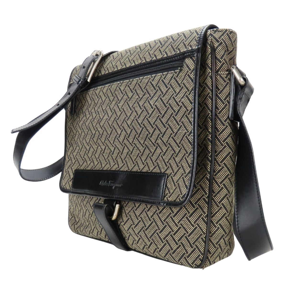 Salvatore Ferragamo Beige Black Canvas Leather Shoulder Bag (Pre-Owned)
